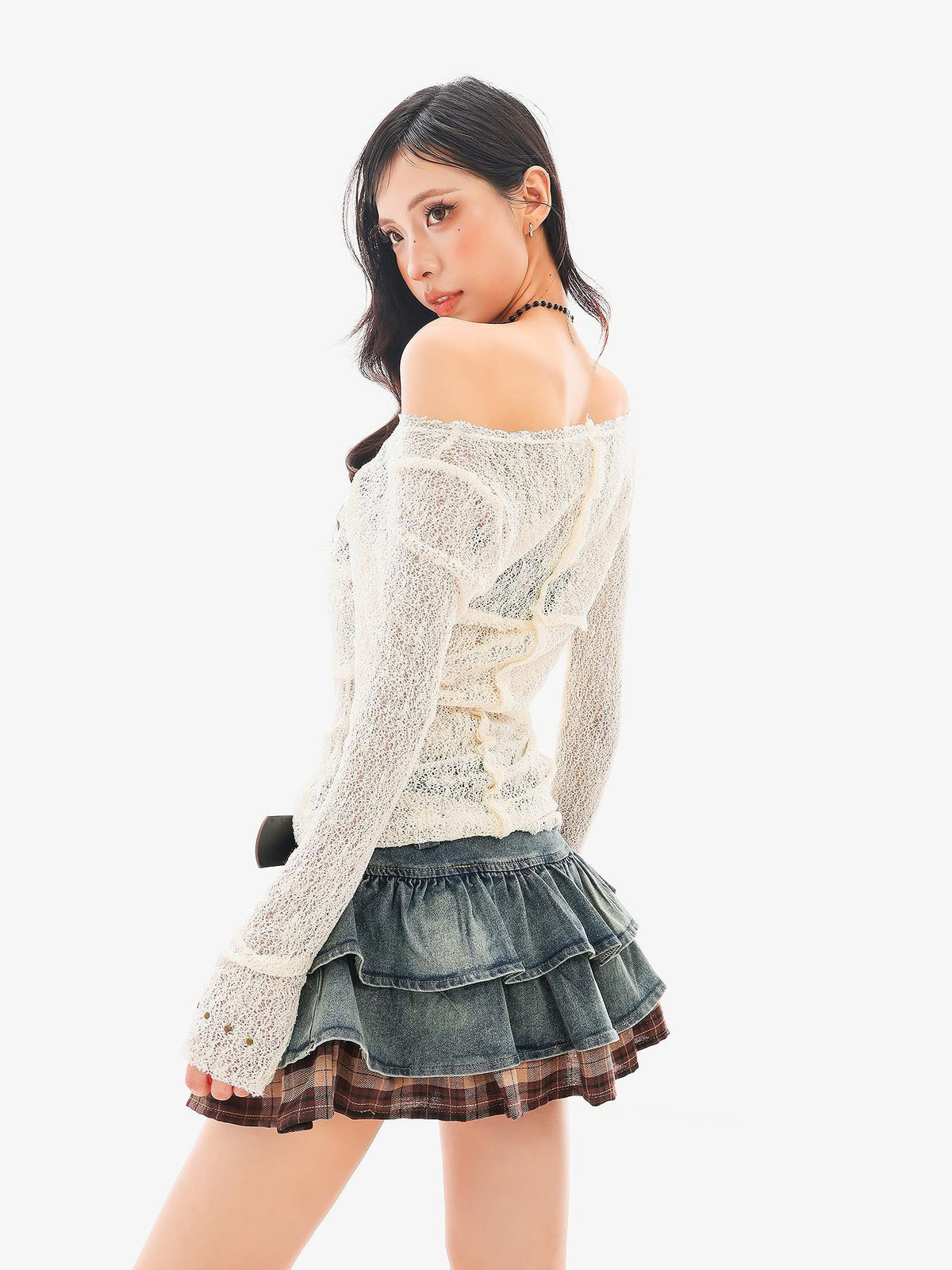 QIUQIU STUDIO Studded Lace Spliced Sheer Women&