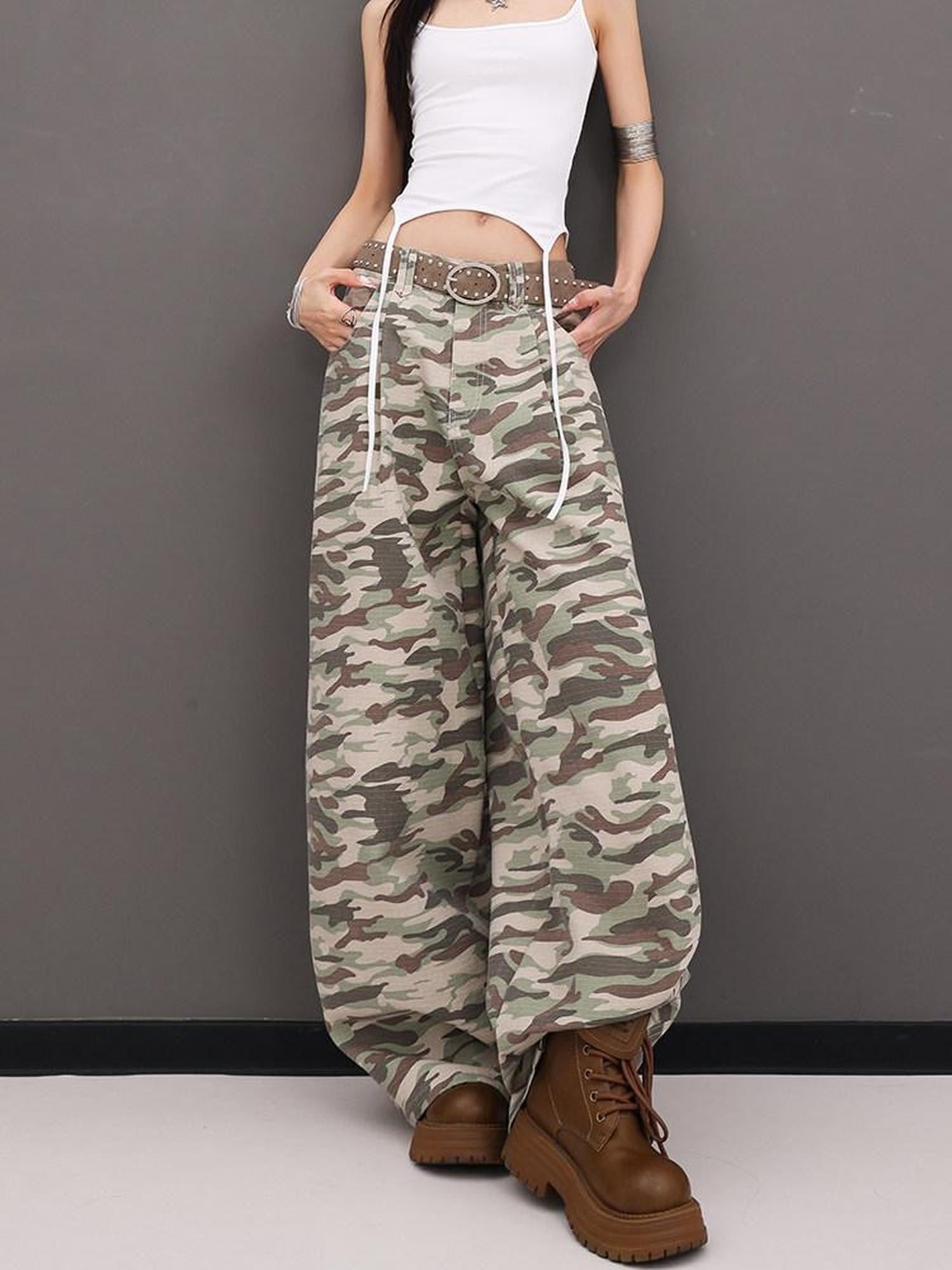 QIUQIU STUDIO Tall Camo Harem Paratrooper Pockets Zipper Fly Women&