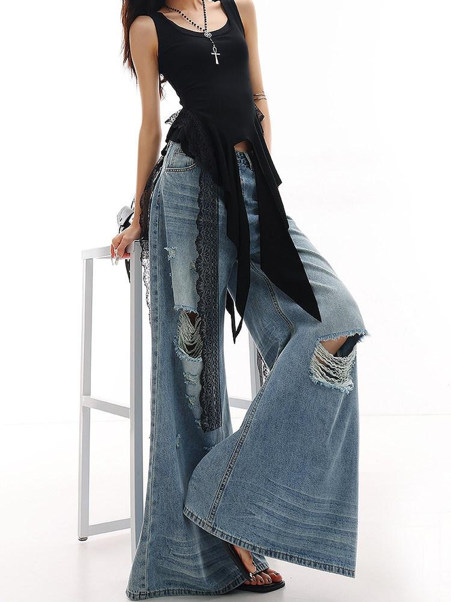 QIUQIU STUDIO Tall Extra Long Blue Ripped Micro Flare Women&