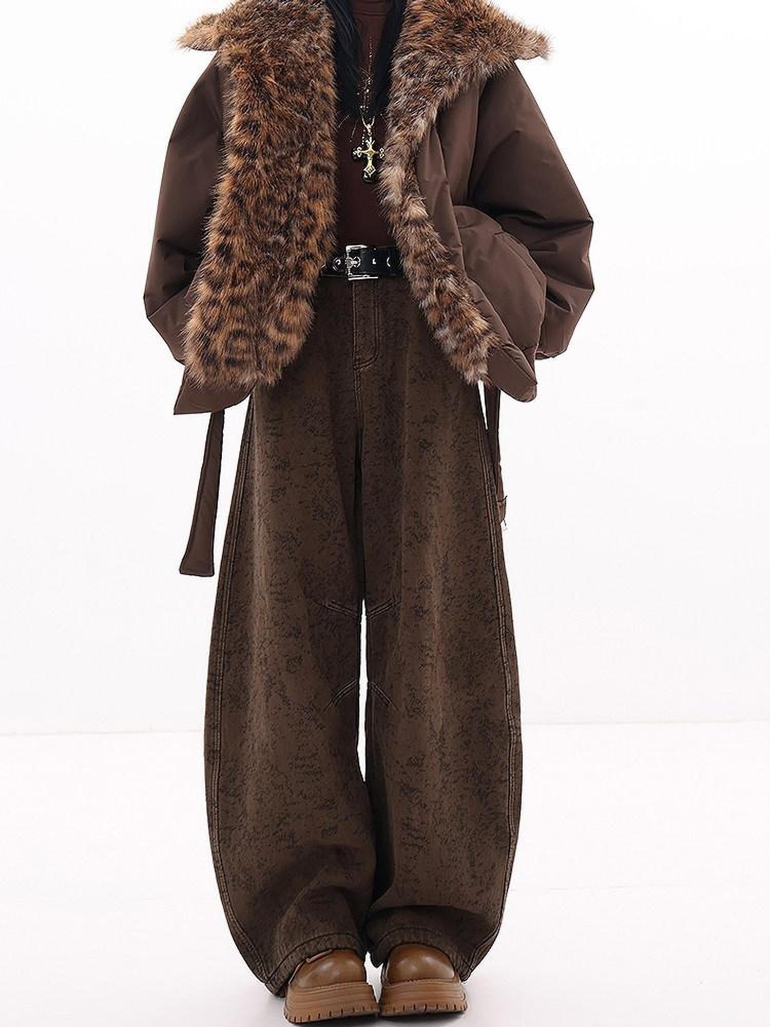 QIUQIU STUDIO Tall Leopard Jacquard Natural Waist Pockets Fleece Lined Women&