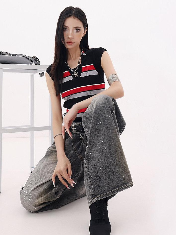 QIUQIU STUDIO Tall Washed Gradient Patchwork Natural Waist Women&