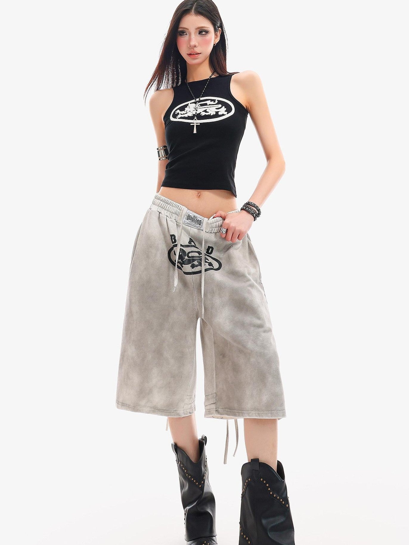 QIUQIU STUDIO Tie Dye Letter Print Drawstring Pocket Elastic Waist Women&