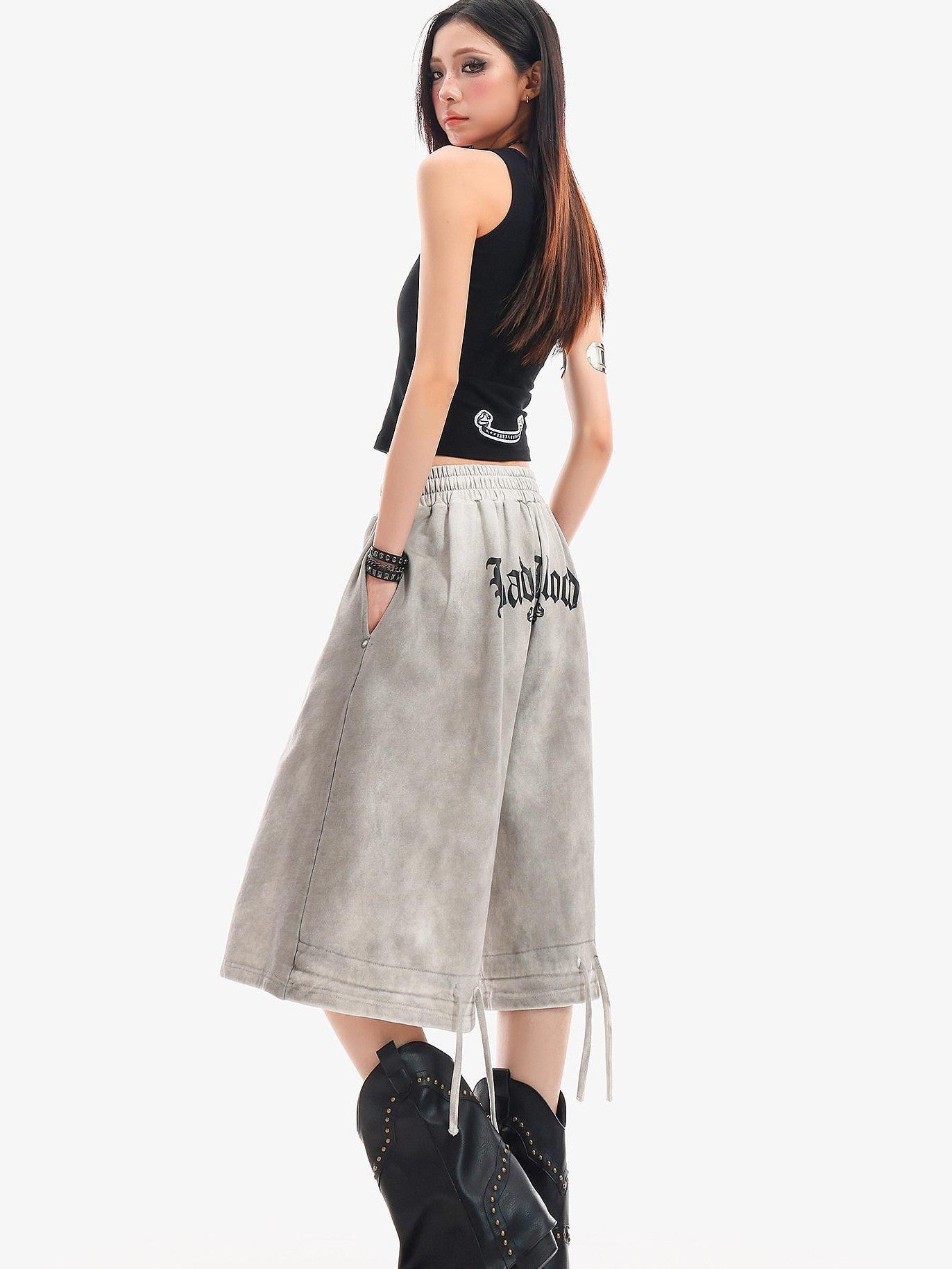 QIUQIU STUDIO Tie Dye Letter Print Drawstring Pocket Elastic Waist Women&