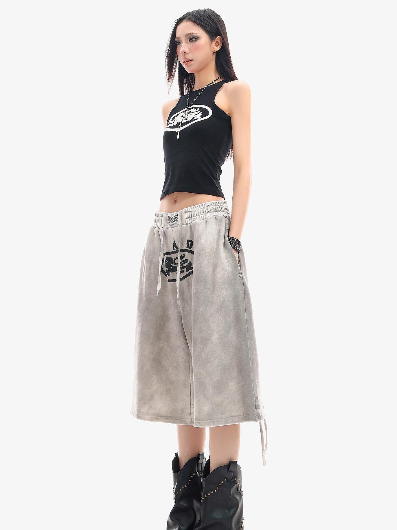 QIUQIU STUDIO Tie Dye Letter Print Drawstring Pocket Elastic Waist Women&