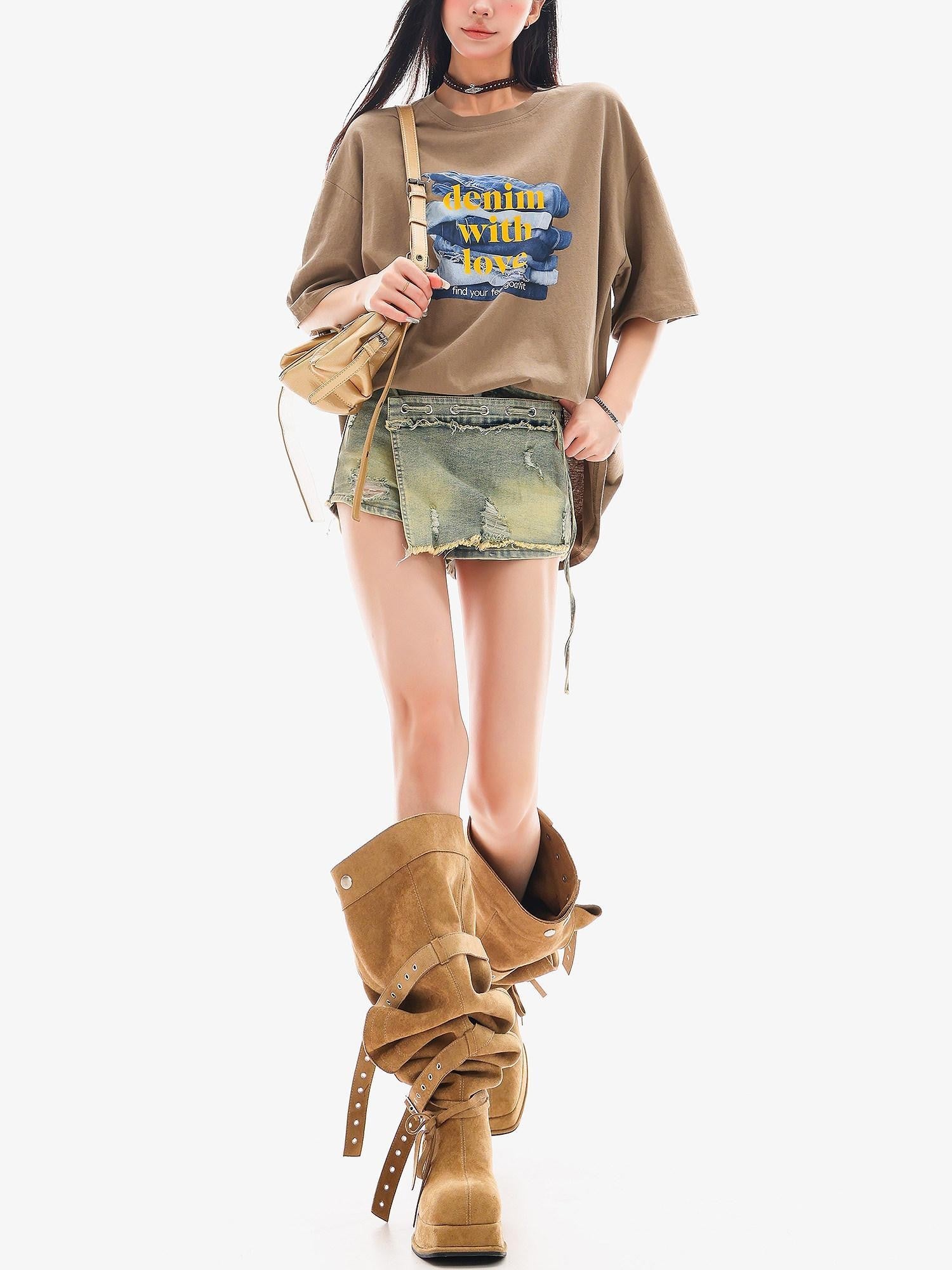QIUQIU STUDIO Vintage Blue Asymmetrical Ripped Slim Skirted Hot Girl Women&
