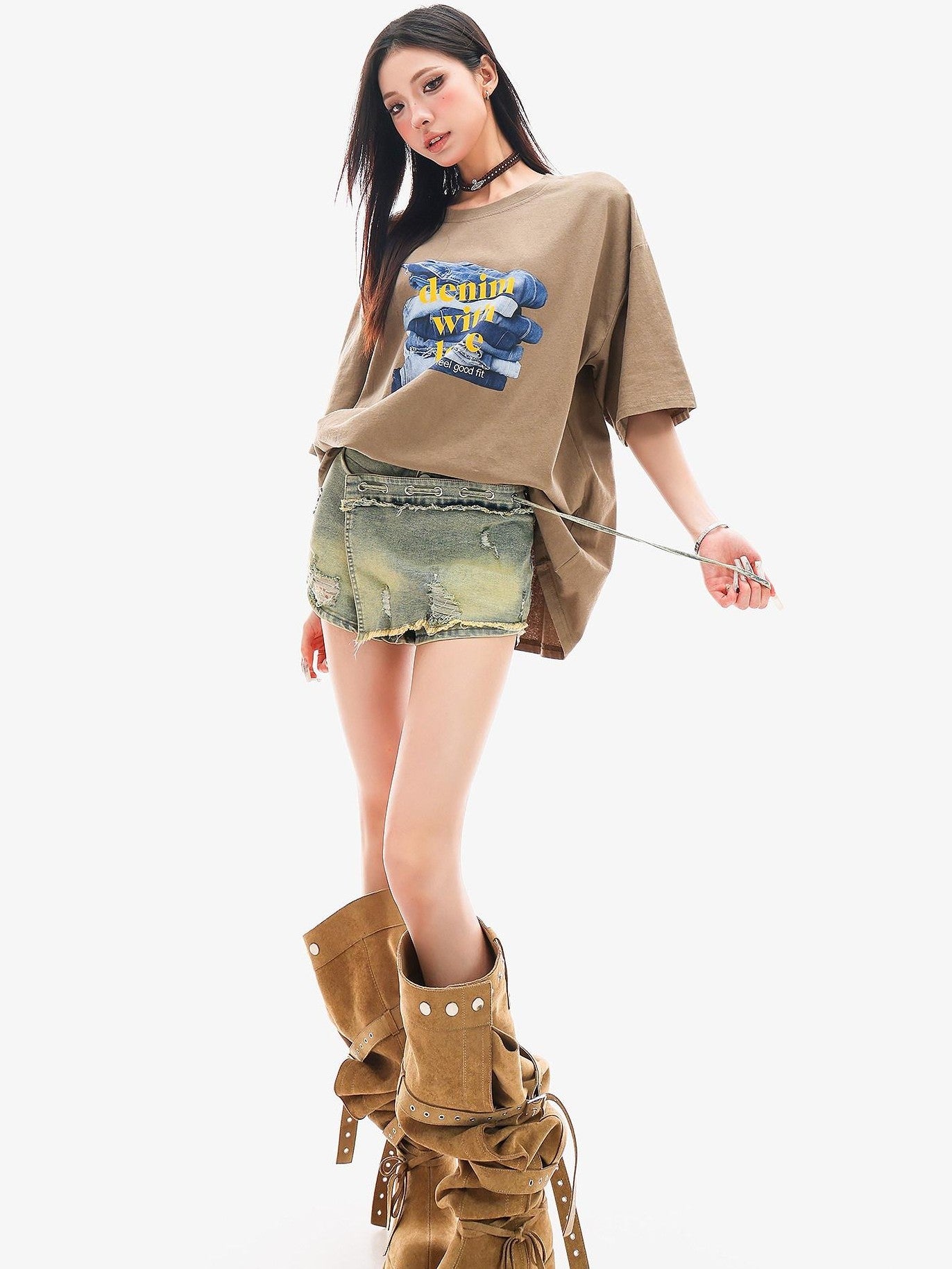 QIUQIU STUDIO Vintage Blue Asymmetrical Ripped Slim Skirted Hot Girl Women&