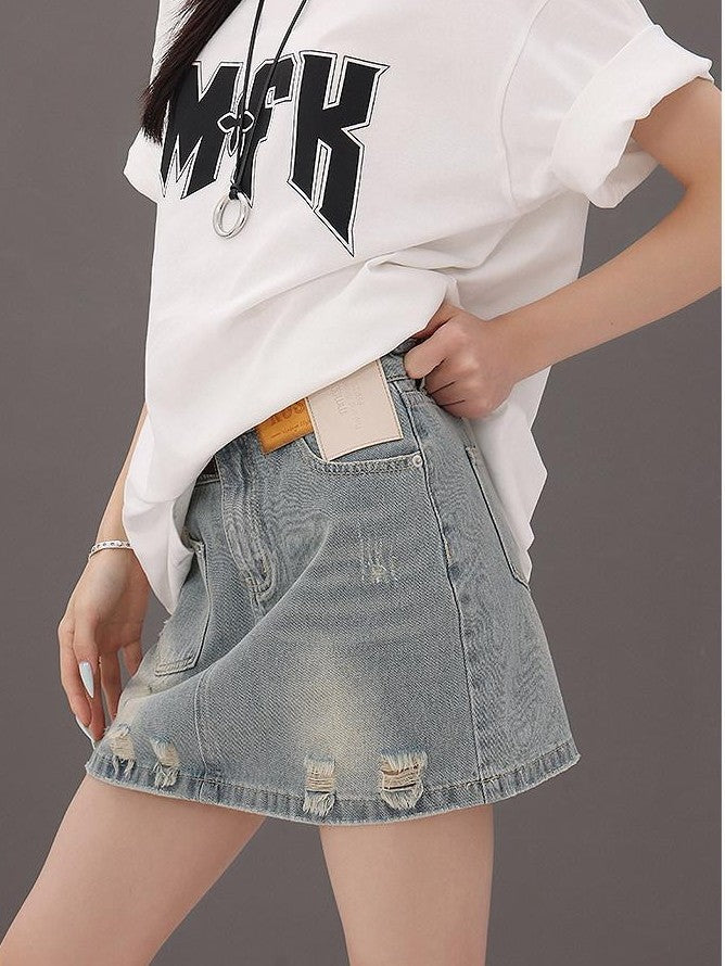 QIUQIU STUDIO Vintage Blue Ripped Fringe Distressed A Line Women&