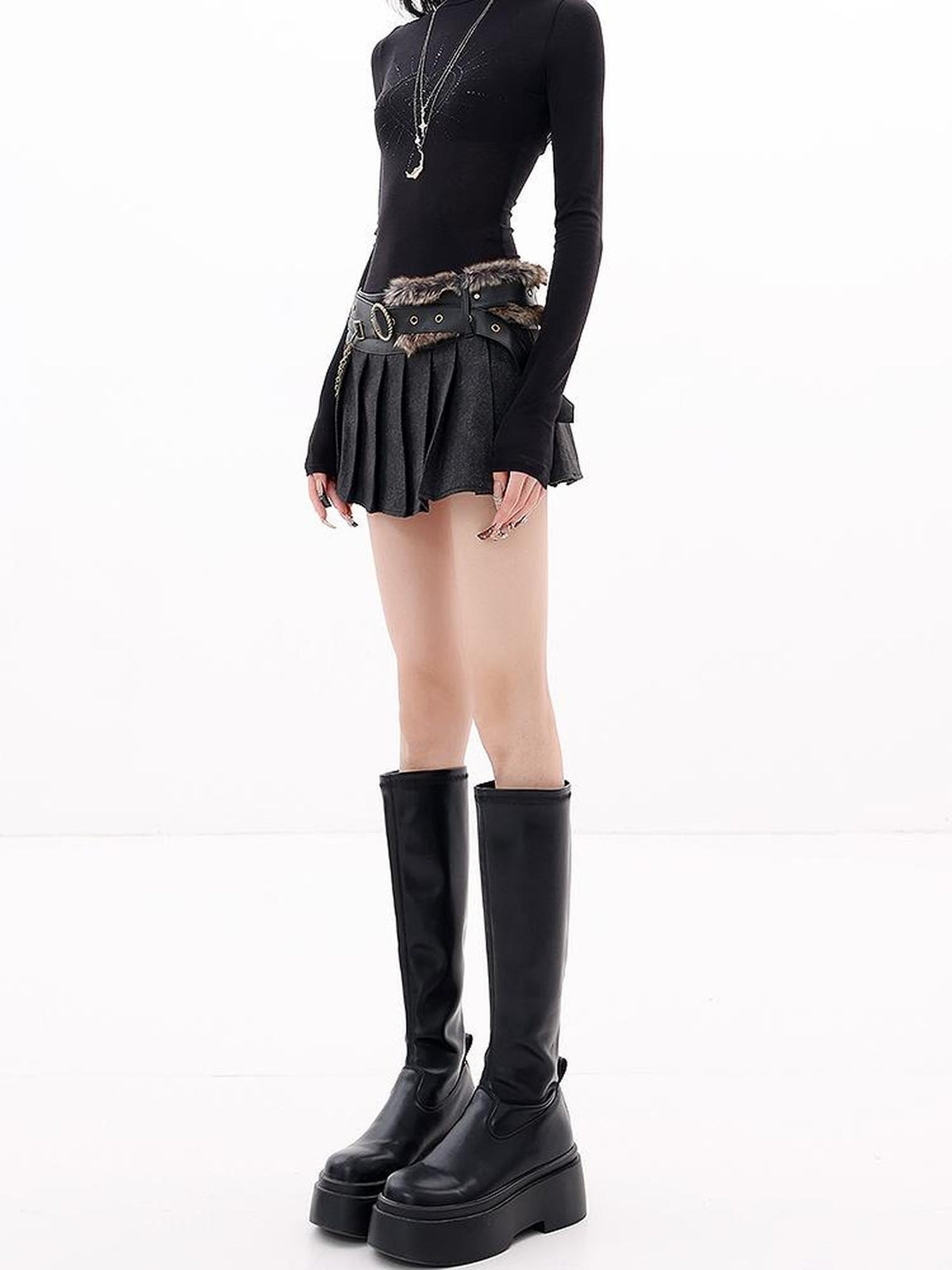 QIUQIU STUDIO Vintage Faux Fur Pu Leather Panel Pleated Low Waist Women&