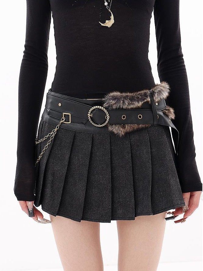 QIUQIU STUDIO Vintage Faux Fur Pu Leather Panel Pleated Low Waist Women&