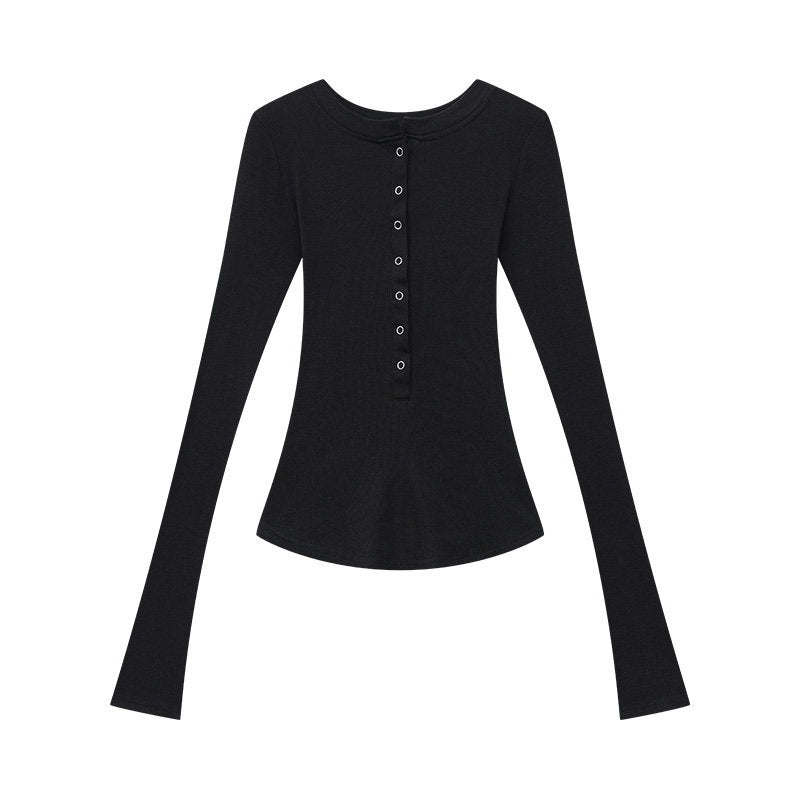 QIUQIU_STUDIO_Vintage_Henley_Button_Slim_Waist_Women&