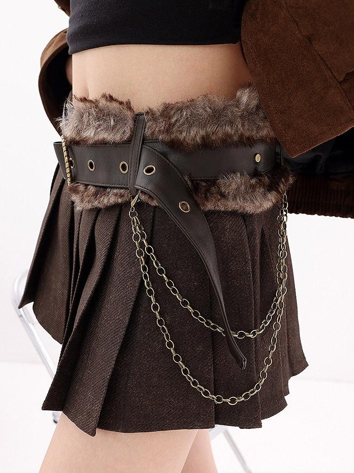 QIUQIU STUDIO Vintage Leather Fur Patchwork A Line Low Waist Women&