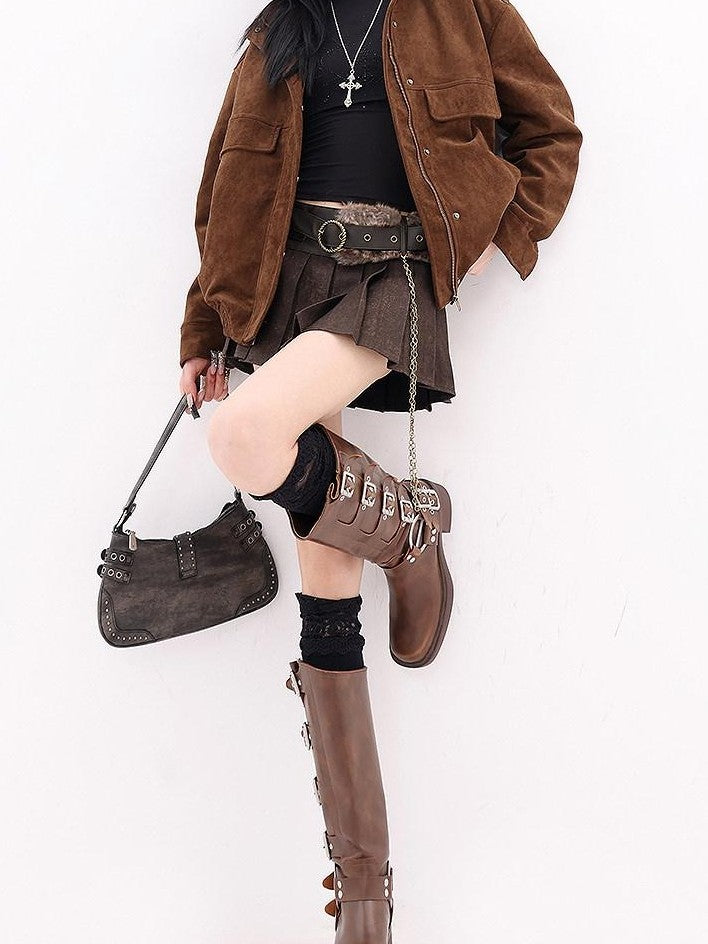 QIUQIU STUDIO Vintage Leather Fur Patchwork A Line Low Waist Women&