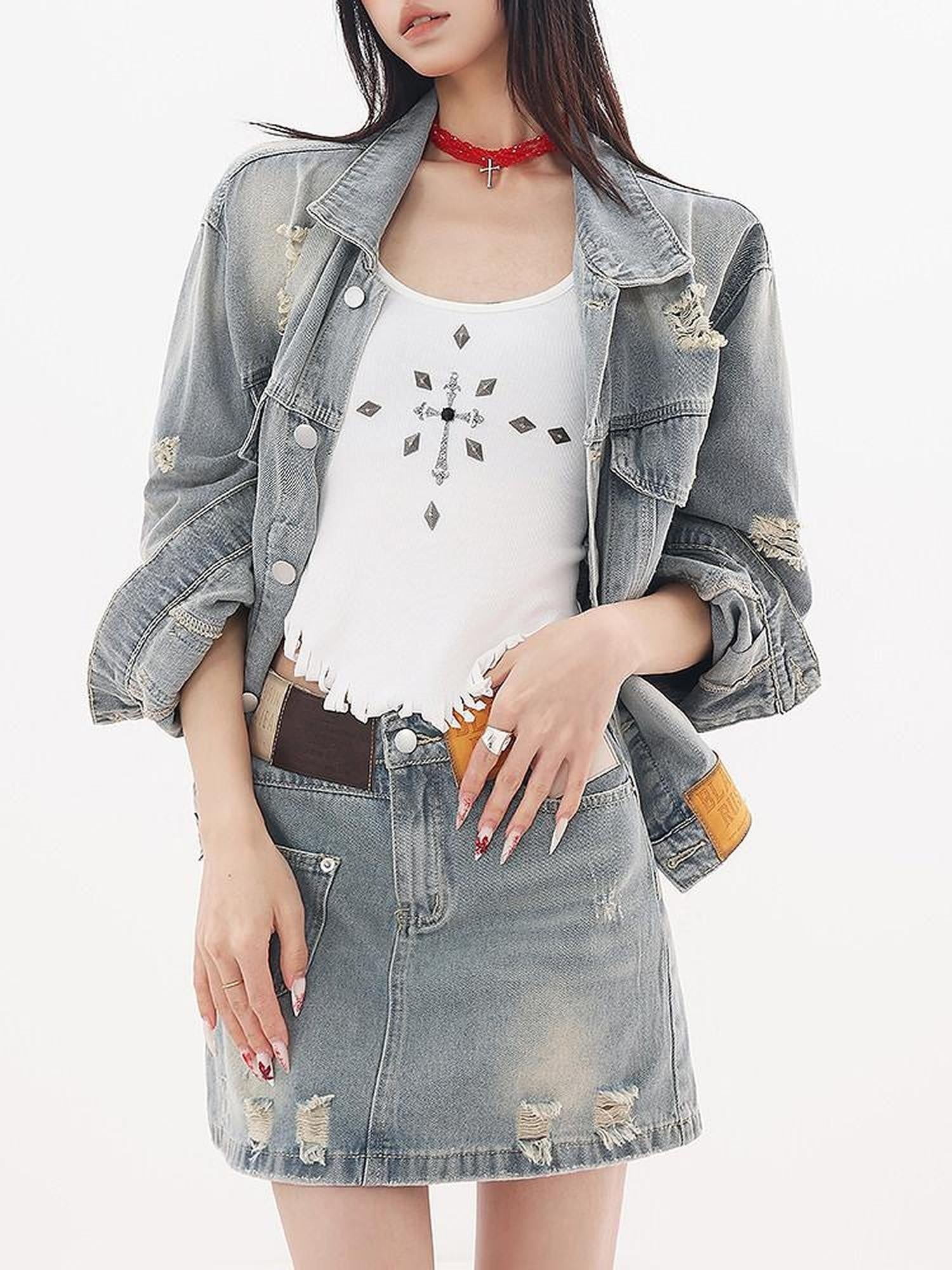 QIUQIU STUDIO Vintage Ripped Fringed Cropped Loose Women&