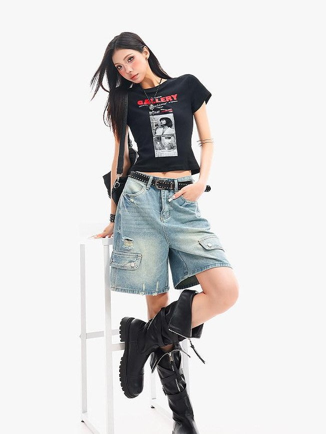QIUQIU STUDIO Vintage Washed Distressed Ripped Wide Leg Women&