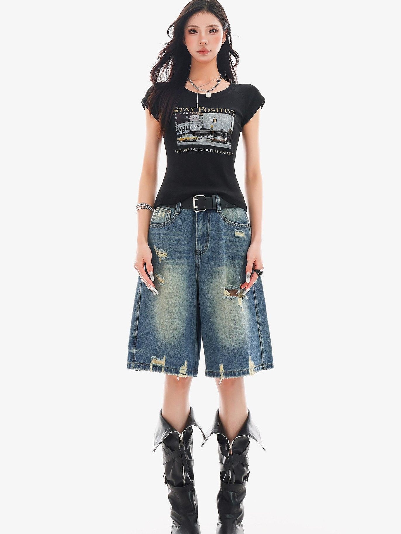 QIUQIU STUDIO Vintage Washed Distressed Tassel Ripped Women&