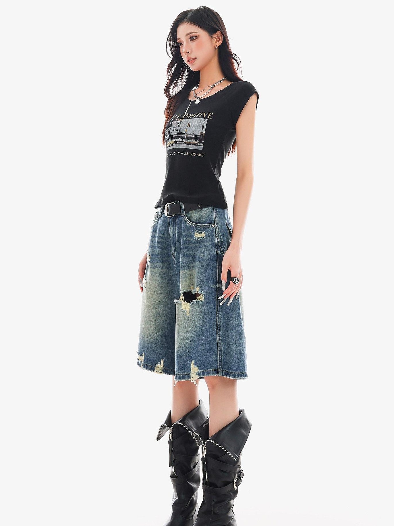 QIUQIU STUDIO Vintage Washed Distressed Tassel Ripped Women&