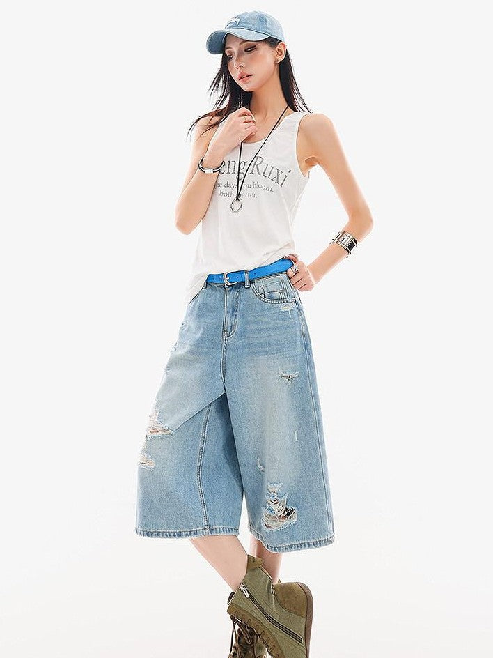 QIUQIU STUDIO Vintage Washed Faded Distressed Fringe Women&
