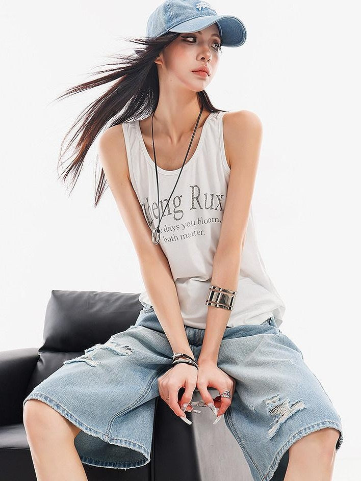 QIUQIU STUDIO Vintage Washed Faded Distressed Fringe Women&