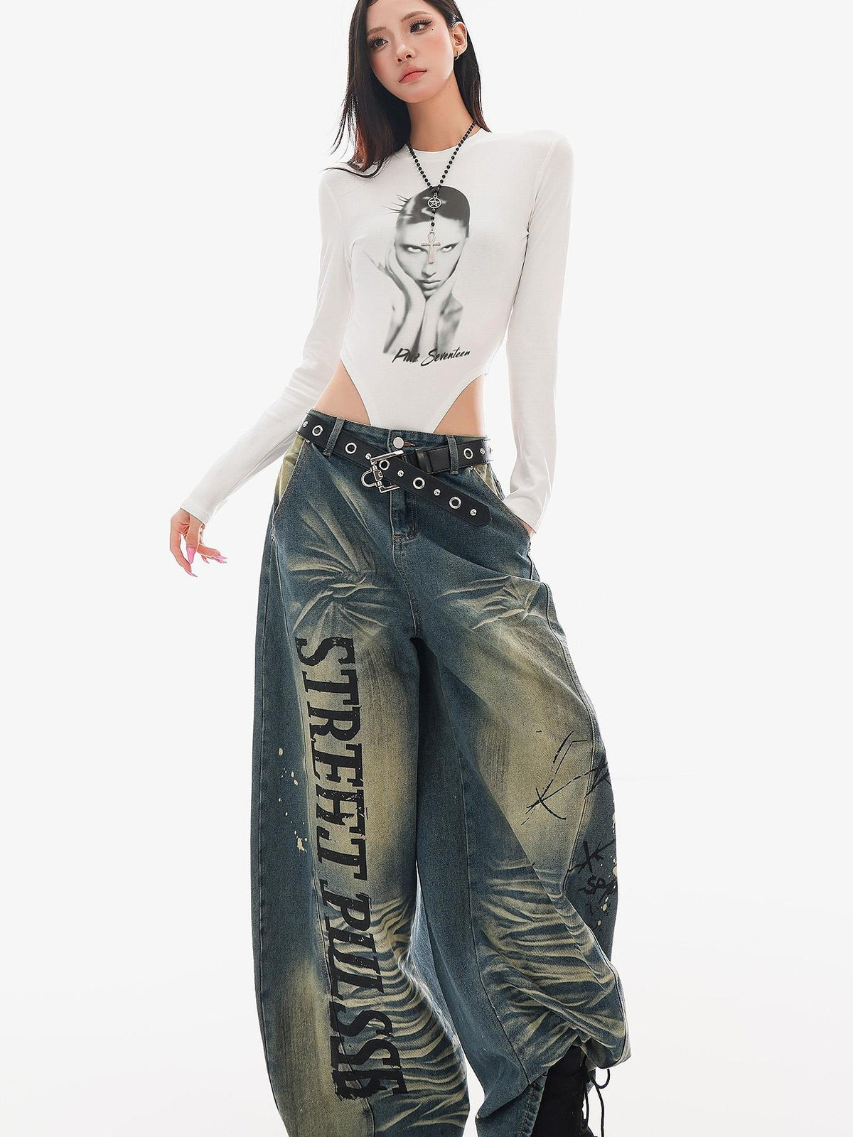 QIUQIU STUDIO Washed Distressed Letter Print Women&
