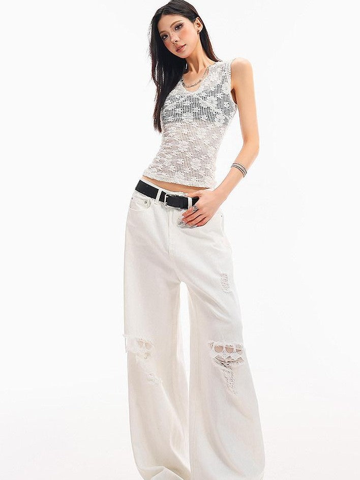 QIUQIU STUDIO White Crochet Hollow Floral V-neck Slim Fit Women&