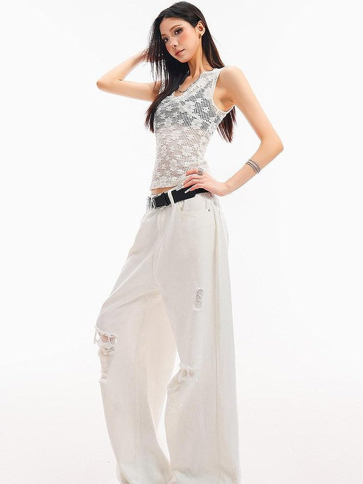 QIUQIU STUDIO White Crochet Hollow Floral V-neck Slim Fit Women&