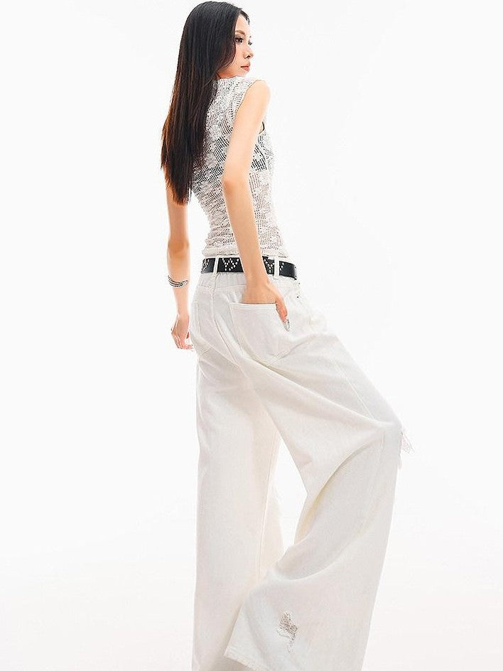 QIUQIU STUDIO White Crochet Hollow Floral V-neck Slim Fit Women&