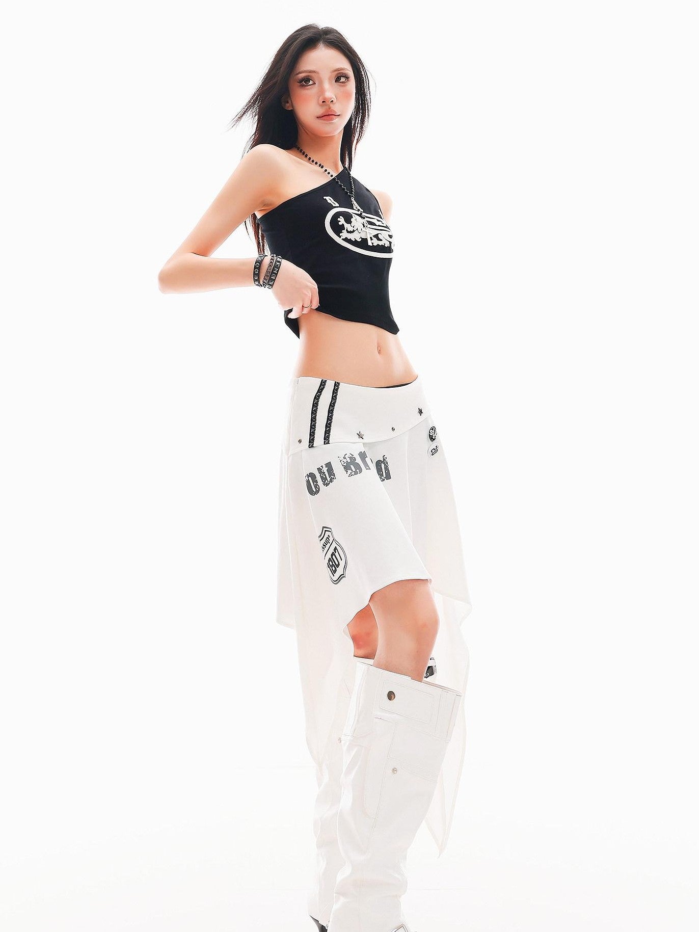 QIUQIU STUDIO White Letter Print Asymmetric Hem Women&