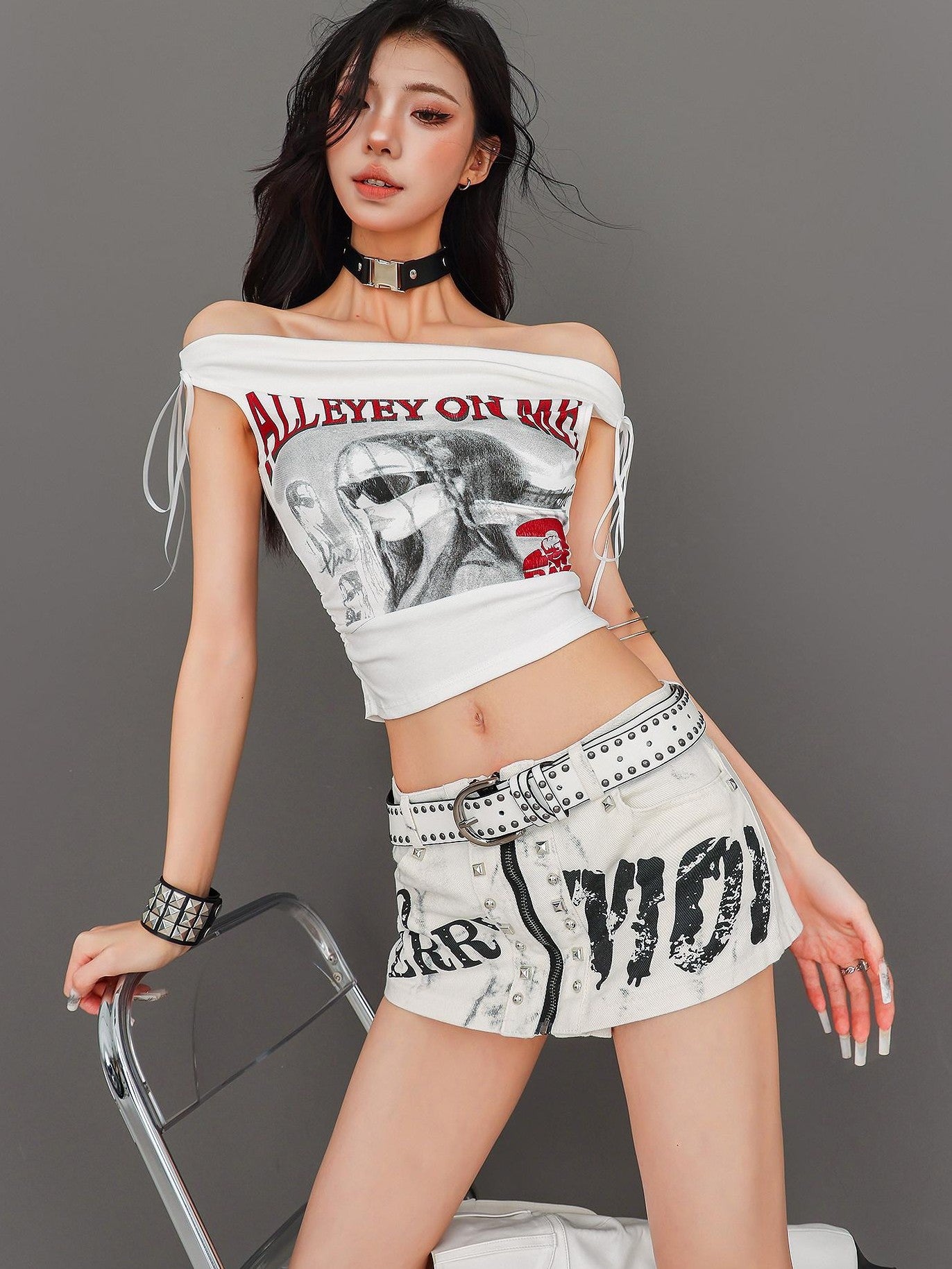 QIUQIU STUDIO White Letter Print Rivet Faux Two Piece Women&