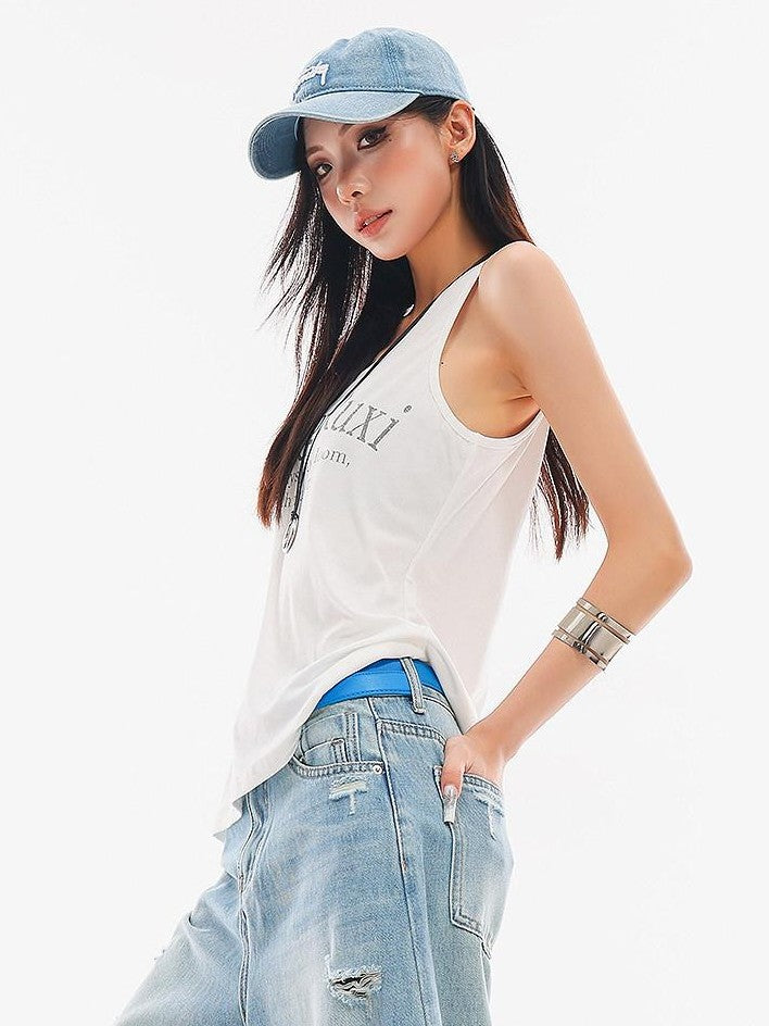QIUQIU STUDIO White Letter Print Round Neck Loose Fit Slimming Women&