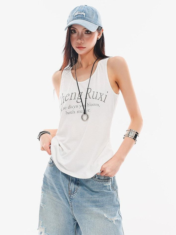 QIUQIU STUDIO White Letter Print Round Neck Loose Fit Slimming Women&