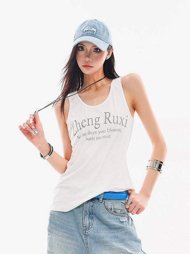 QIUQIU STUDIO White Letter Print Round Neck Loose Fit Slimming Women&