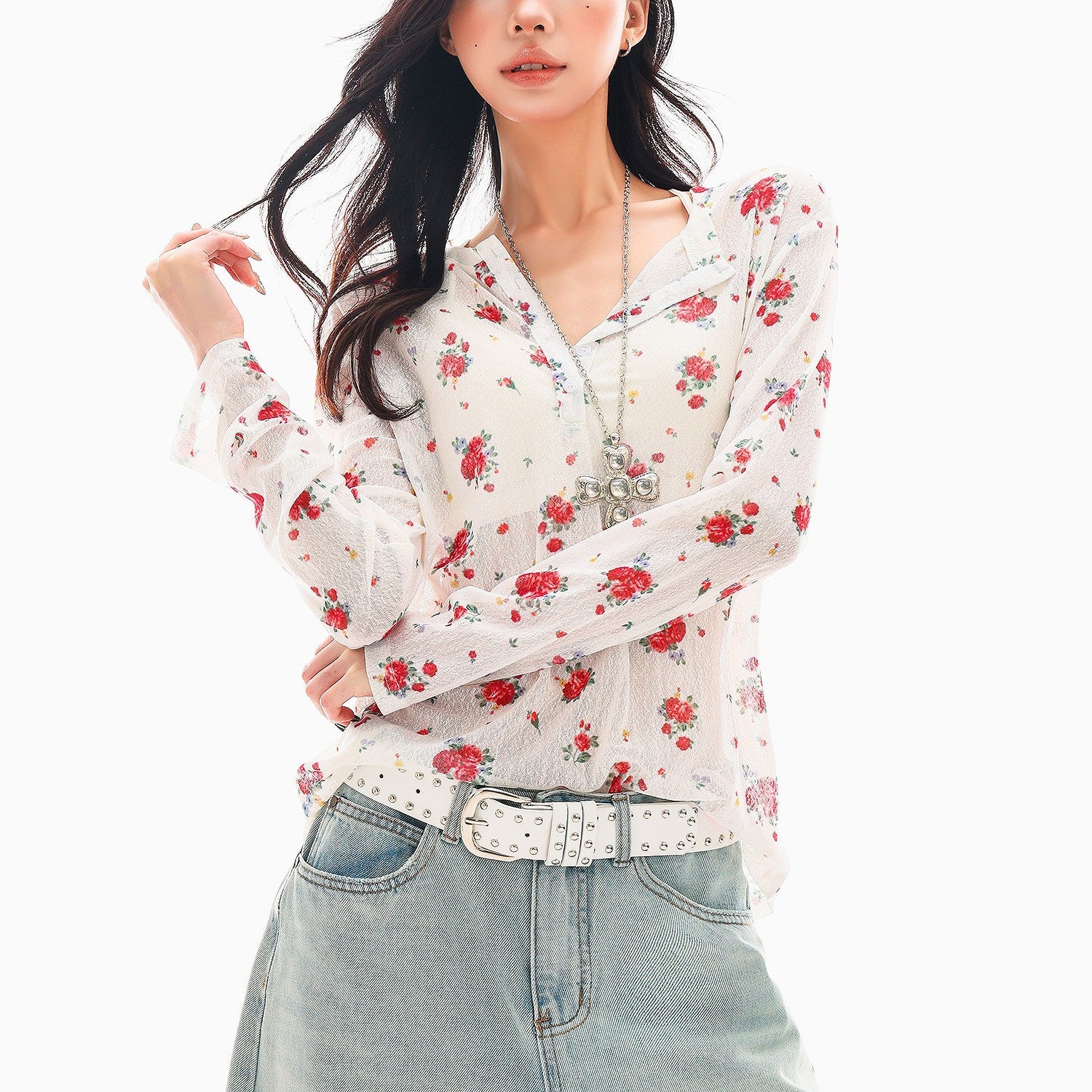 QIUQIU_STUDIO_White_Red_Floral_Half_Open_Collar_Printed_Long_Sleeve_Loose_Women&