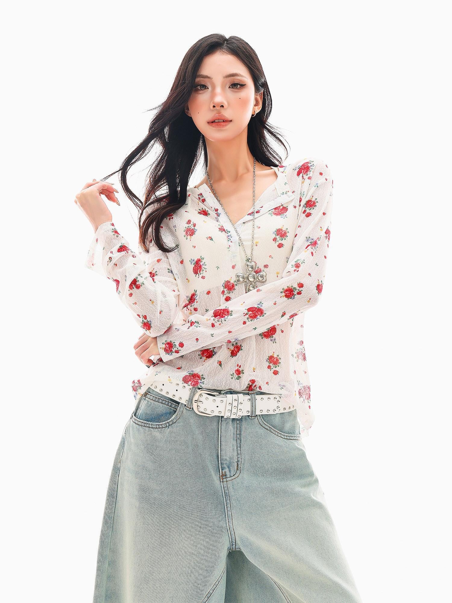 QIUQIU STUDIO White Red Floral Half Open Collar Printed Long Sleeve Loose Women&