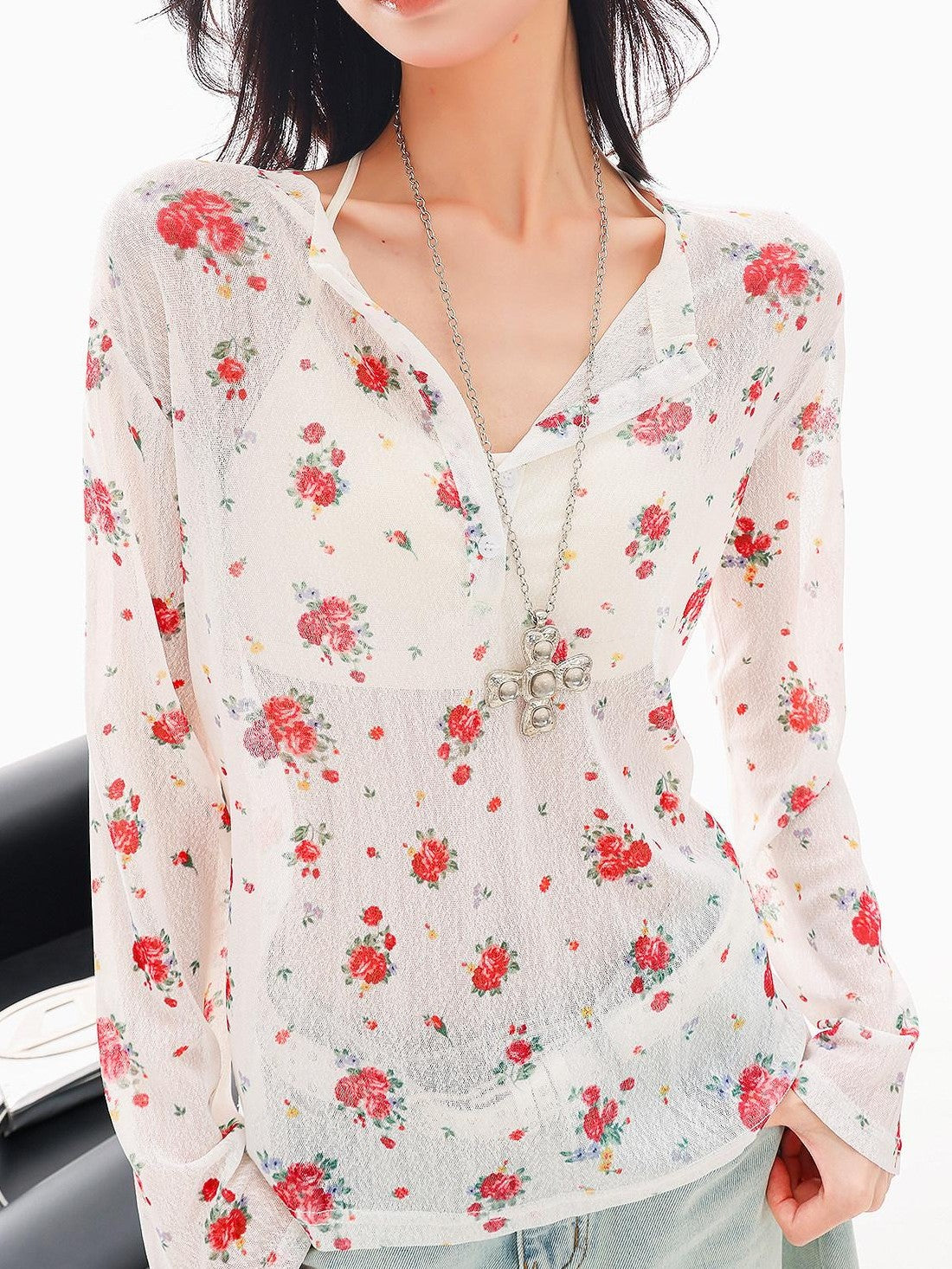 QIUQIU STUDIO White Red Floral Half Open Collar Printed Long Sleeve Loose Women&