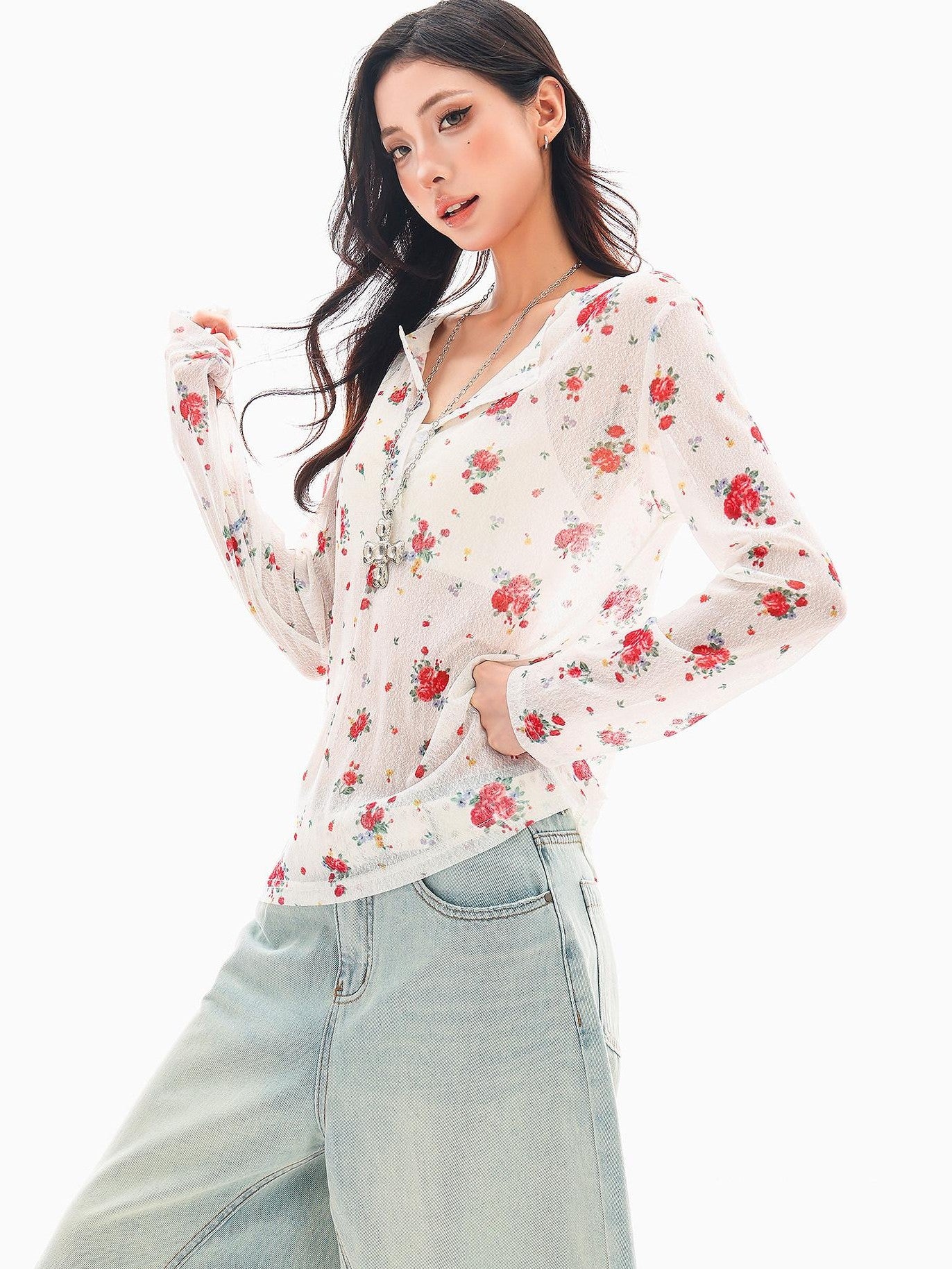 QIUQIU STUDIO White Red Floral Half Open Collar Printed Long Sleeve Loose Women&