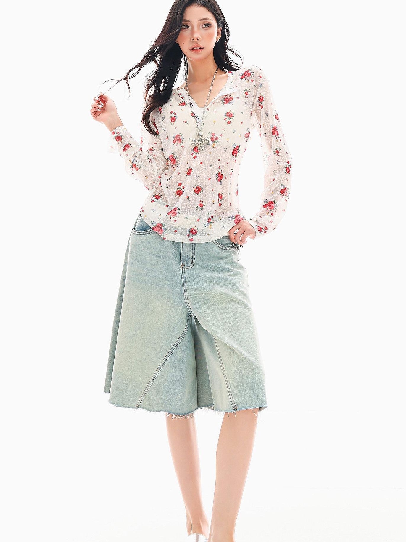 QIUQIU STUDIO White Red Floral Half Open Collar Printed Long Sleeve Loose Women&