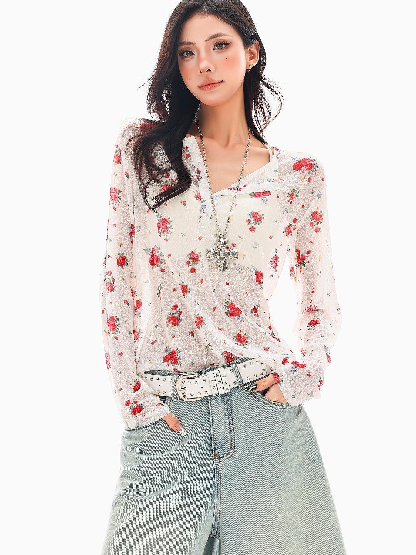 QIUQIU STUDIO White Red Floral Half Open Collar Printed Long Sleeve Loose Women&
