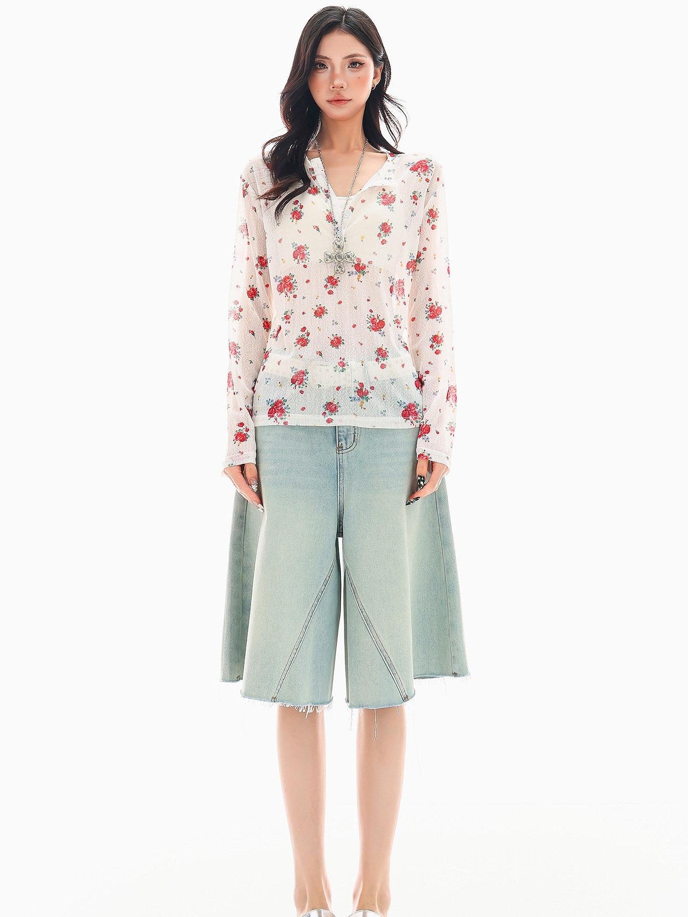 QIUQIU STUDIO White Red Floral Half Open Collar Printed Long Sleeve Loose Women&