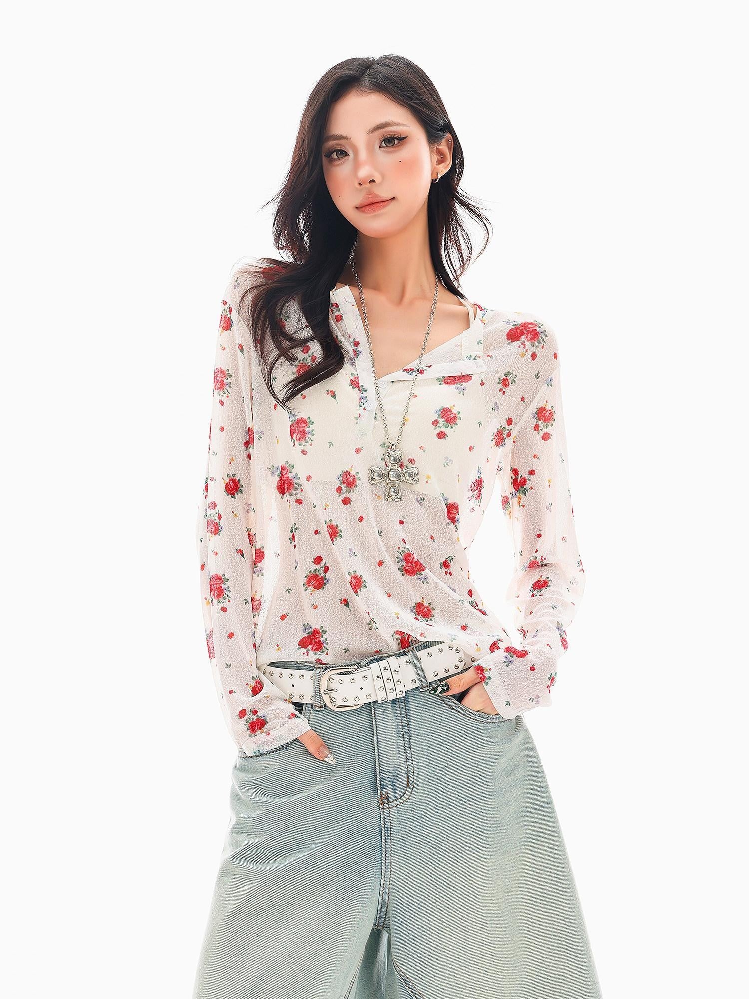 QIUQIU STUDIO White Red Floral Half Open Collar Printed Long Sleeve Loose Women&