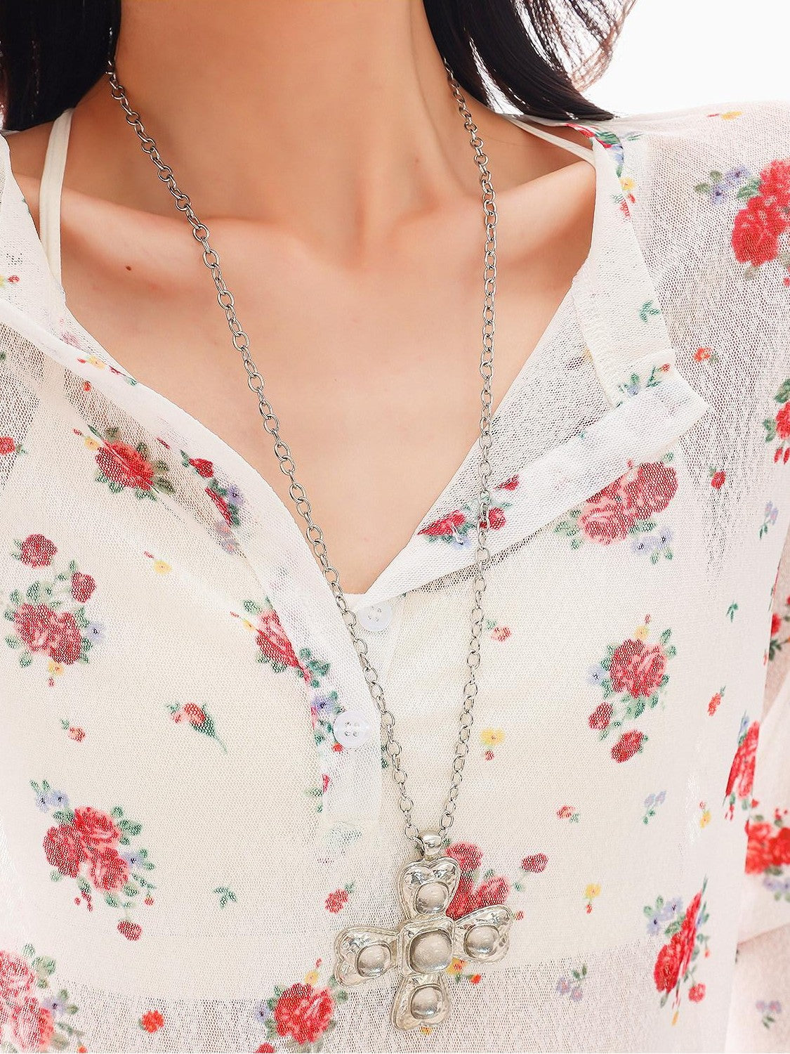 QIUQIU STUDIO White Red Floral Half Open Collar Printed Long Sleeve Loose Women&
