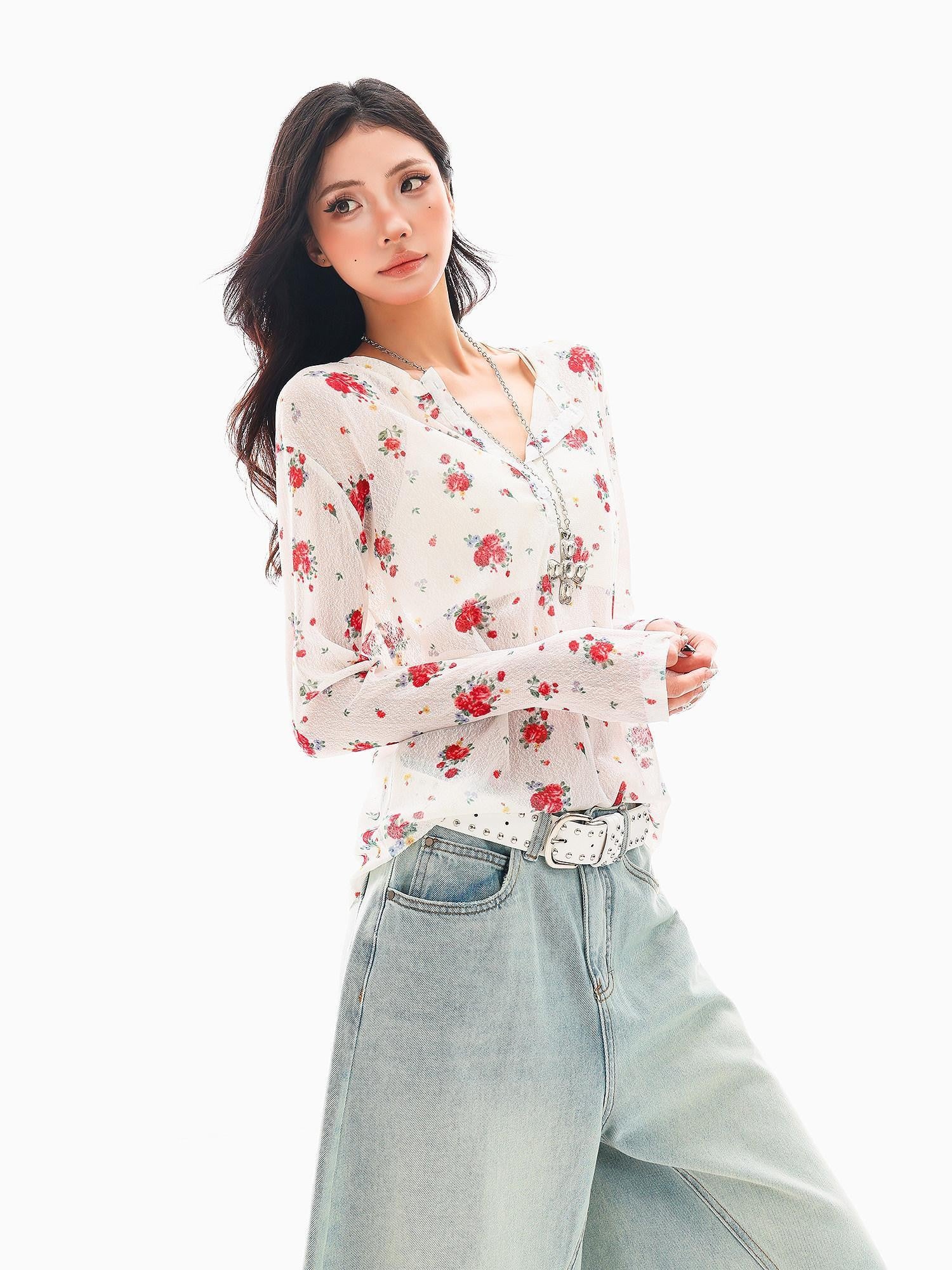 QIUQIU STUDIO White Red Floral Half Open Collar Printed Long Sleeve Loose Women&