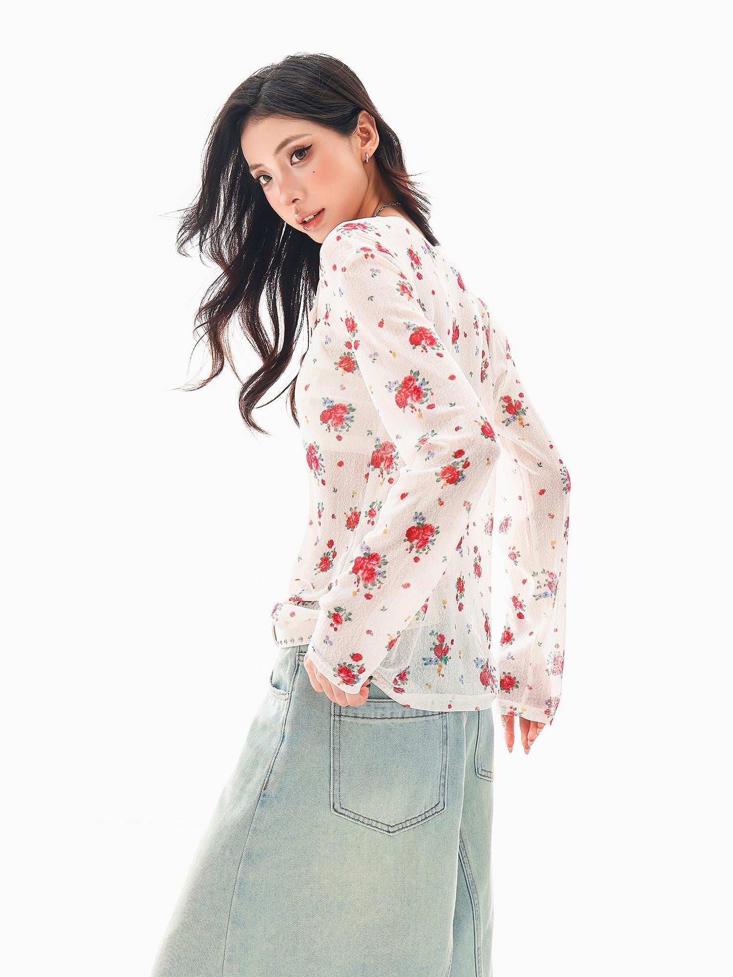QIUQIU STUDIO White Red Floral Half Open Collar Printed Long Sleeve Loose Women&