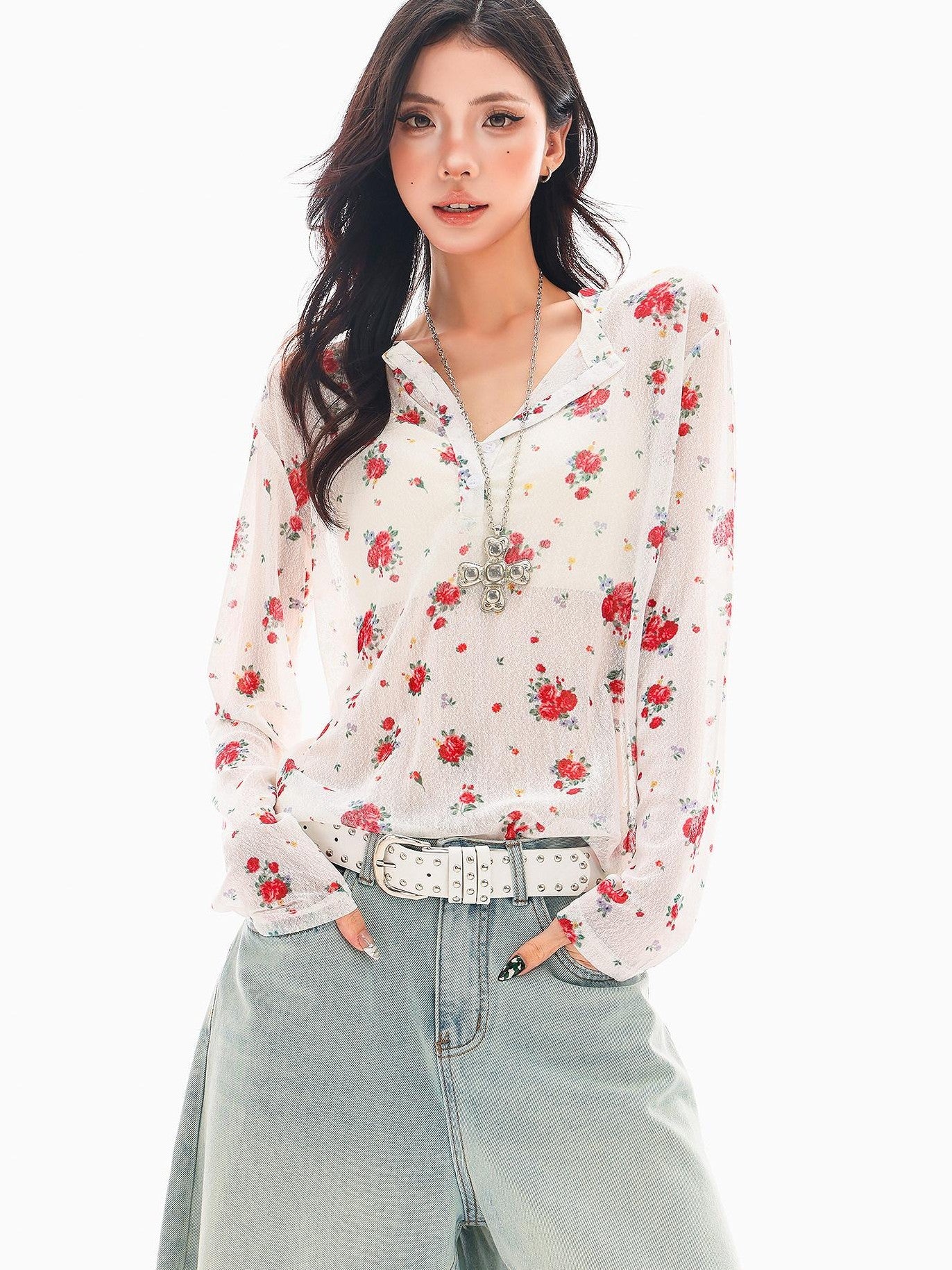QIUQIU STUDIO White Red Floral Half Open Collar Printed Long Sleeve Loose Women&