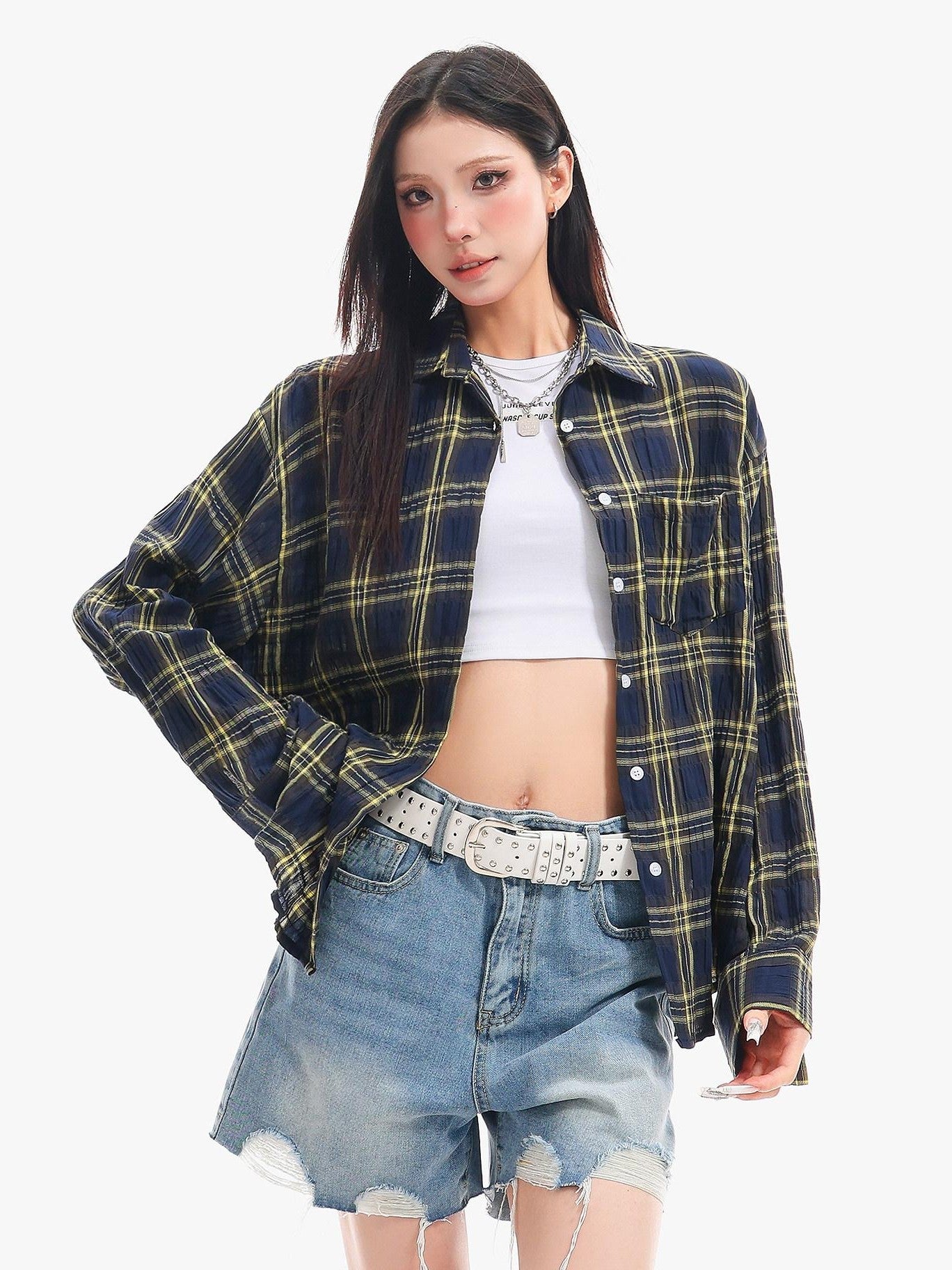 QIUQIU STUDIO Yellow Plaid Single Breasted Loose Round Neck Patch Pocket Women&