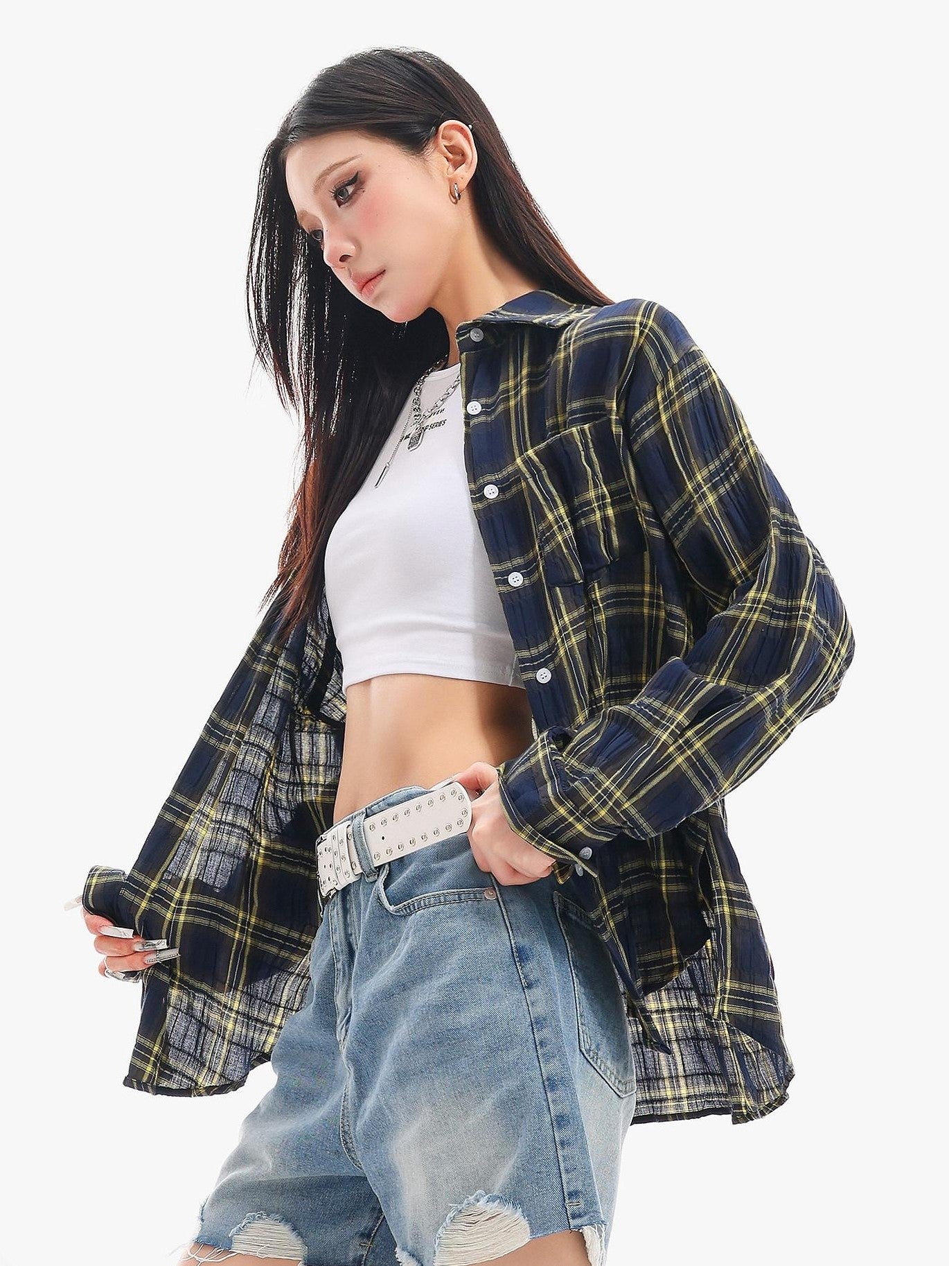 QIUQIU STUDIO Yellow Plaid Single Breasted Loose Round Neck Patch Pocket Women&