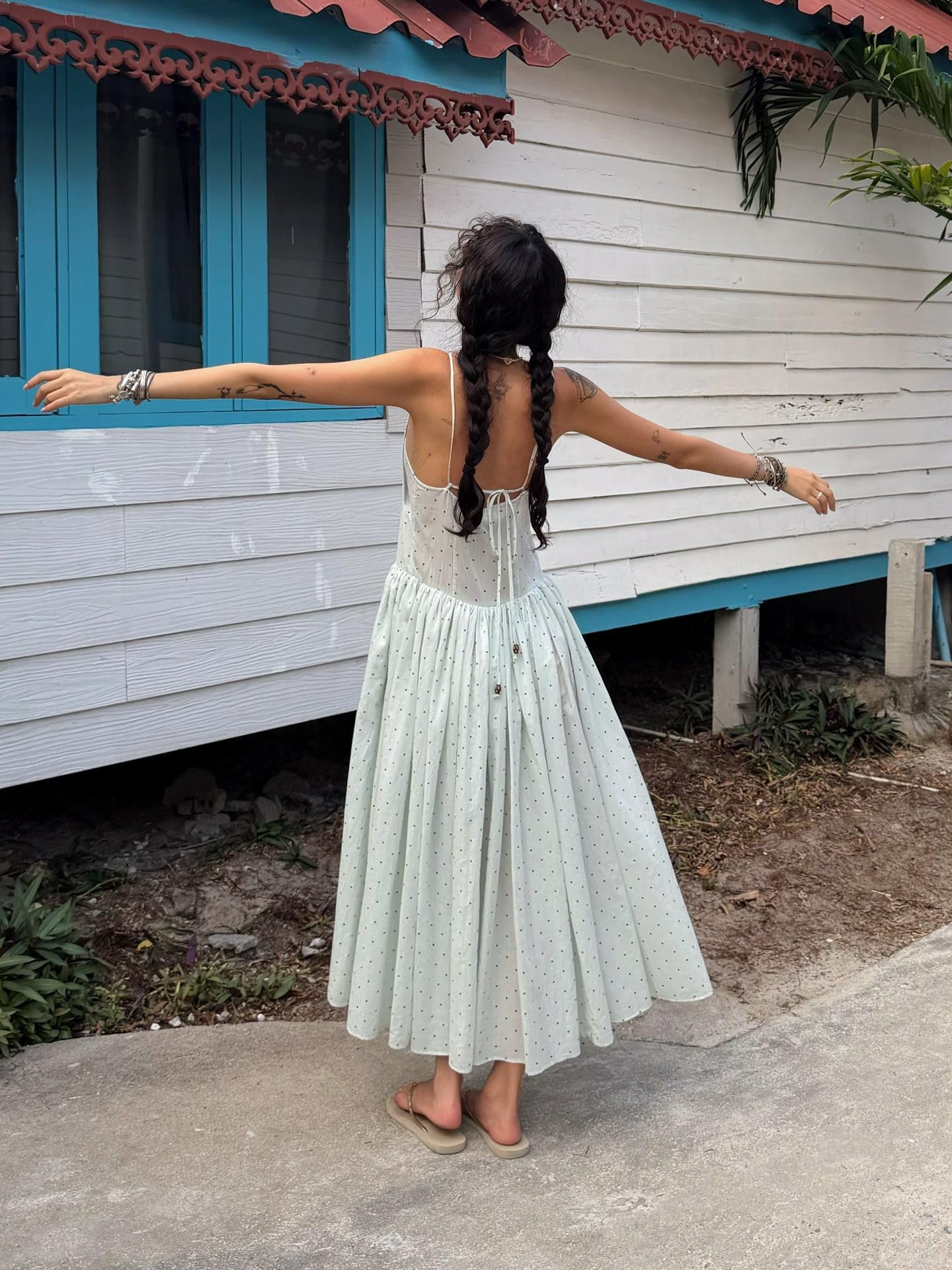 QUORRA S CHORD Aqua Polka Dot Backless Pleated Women&