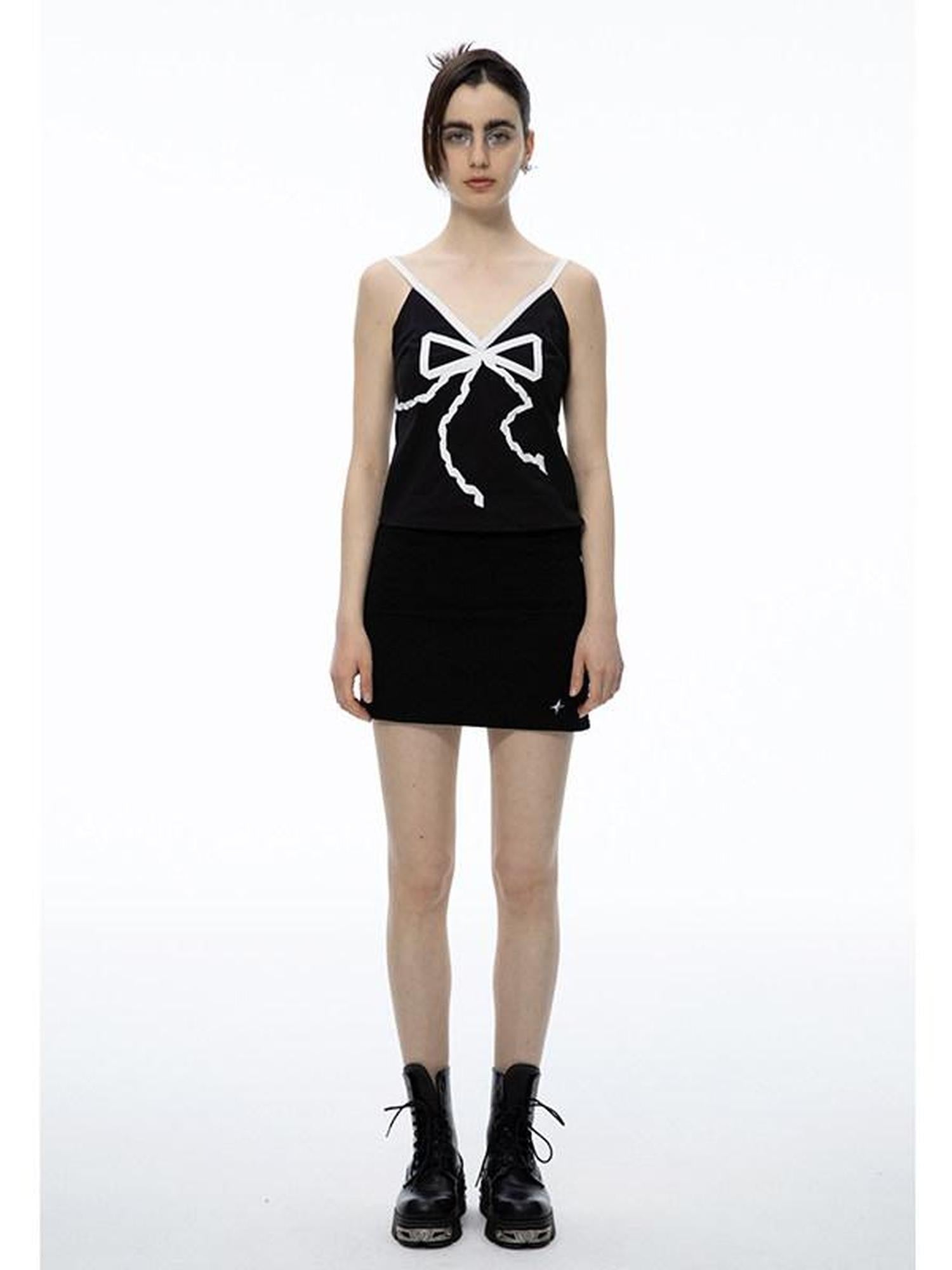 QUORRA S CHORD Black Bow Tie Ribbon V-neck Women&