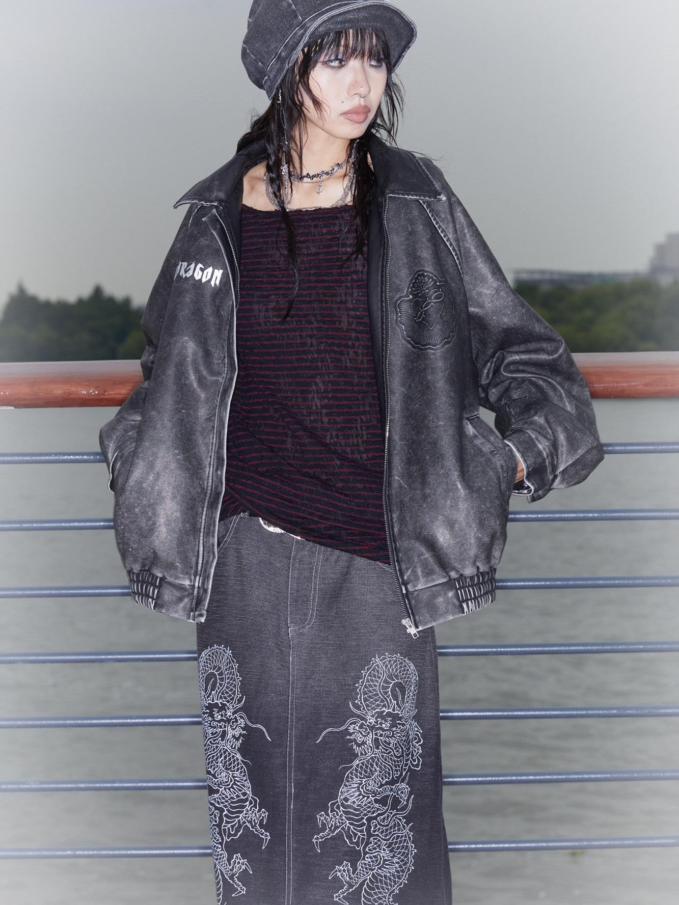 QUORRA S CHORD Black Dragon Patch Washed Punk Distressed Women&