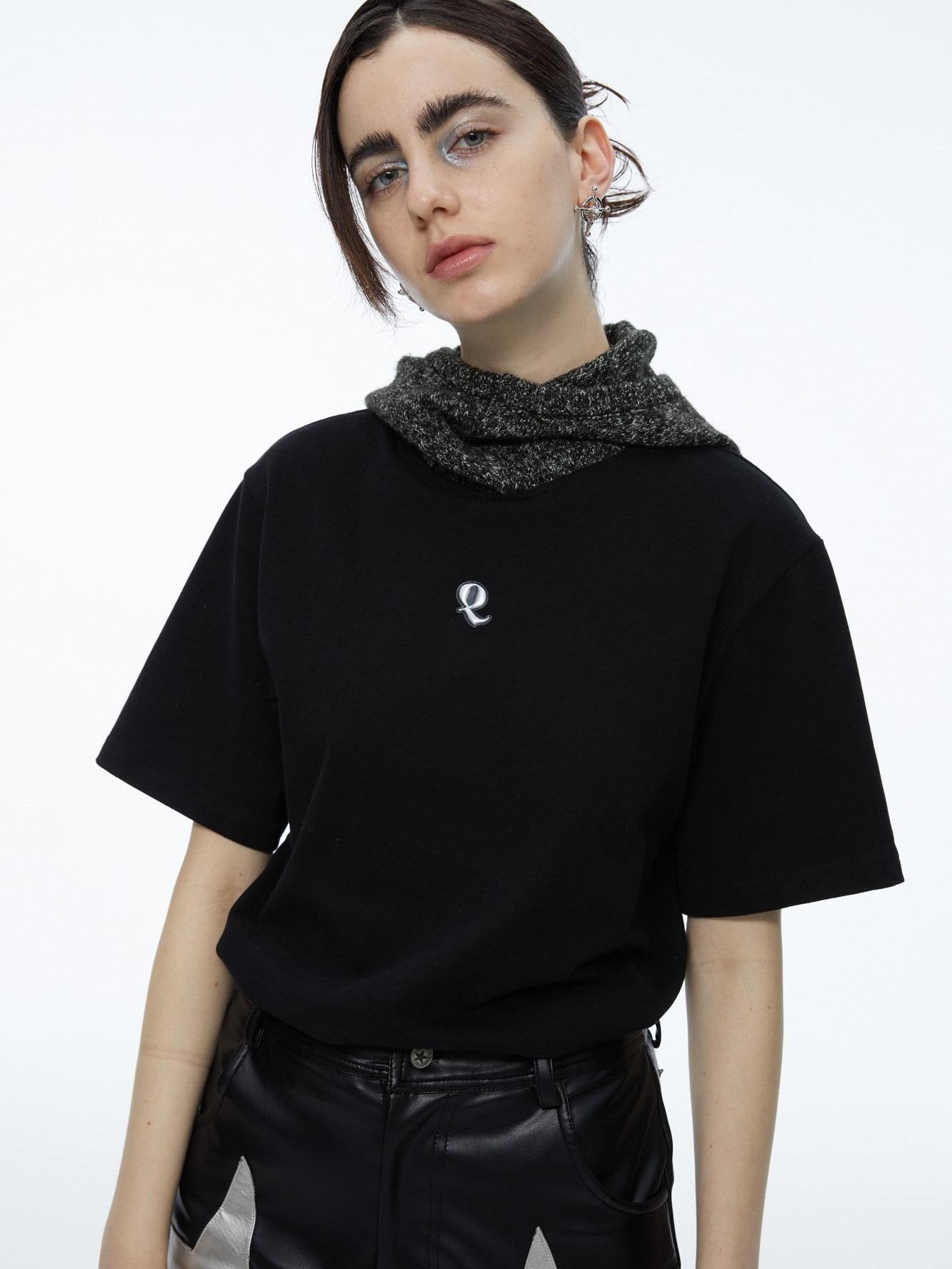 QUORRA S CHORD Black Patchwork Chunky Knit Hooded Logo Women&