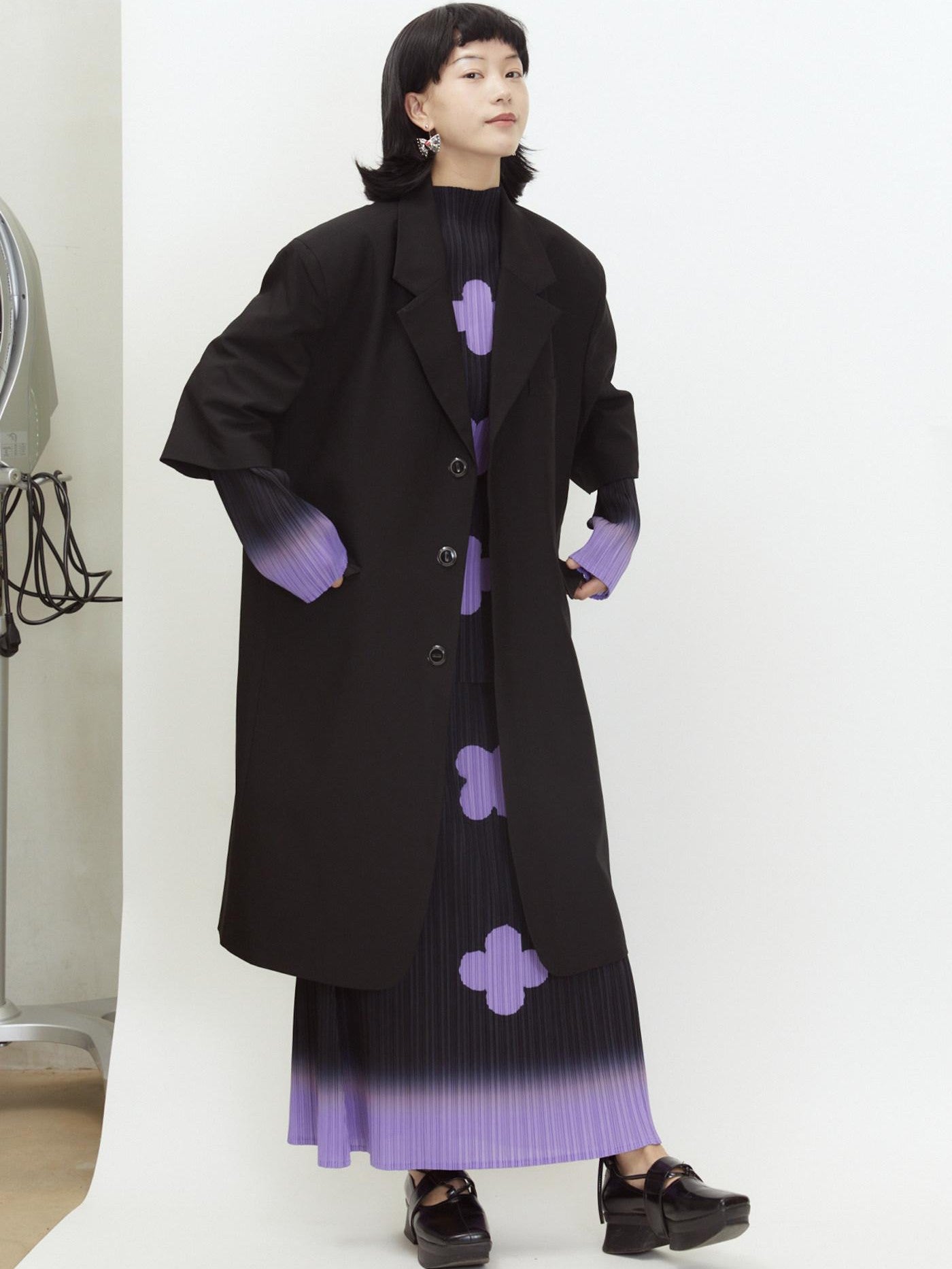 QUORRA S CHORD Black Purple Gradient Pleated A Line Plum Blossom Print Women&